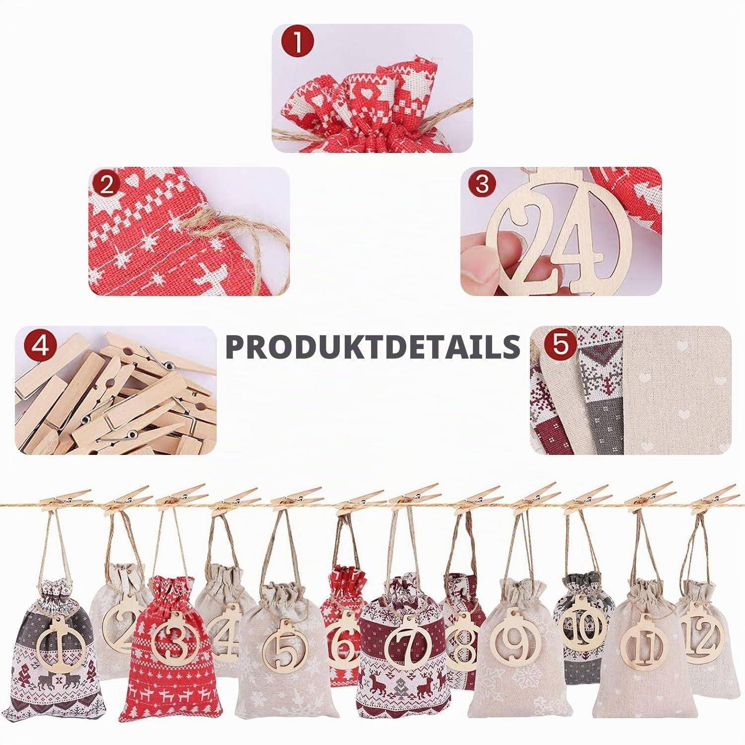 24er Adventskalender Tüten Set mit Holzanhängern und Clips