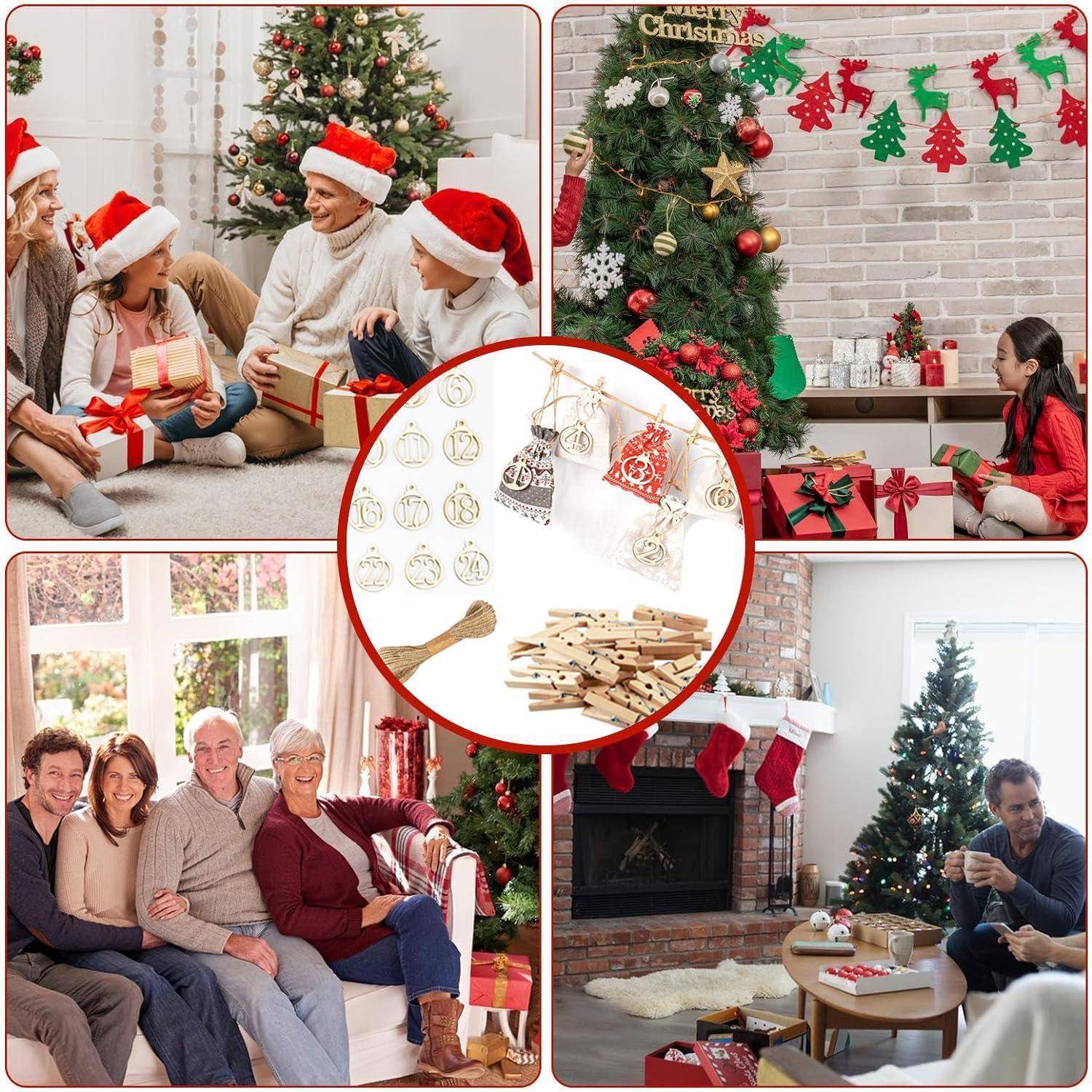 24er Adventskalender Tüten Set mit Holzanhängern und Clips