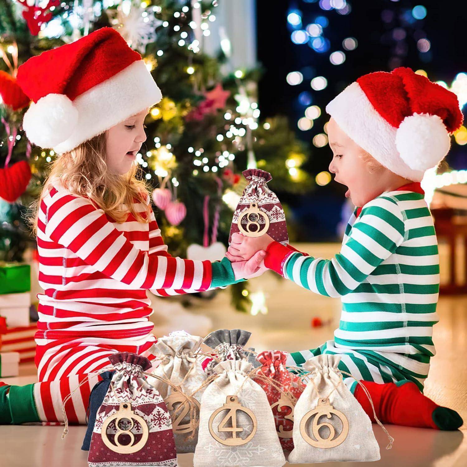 24er Adventskalender Tüten Set mit Holzanhängern und Clips