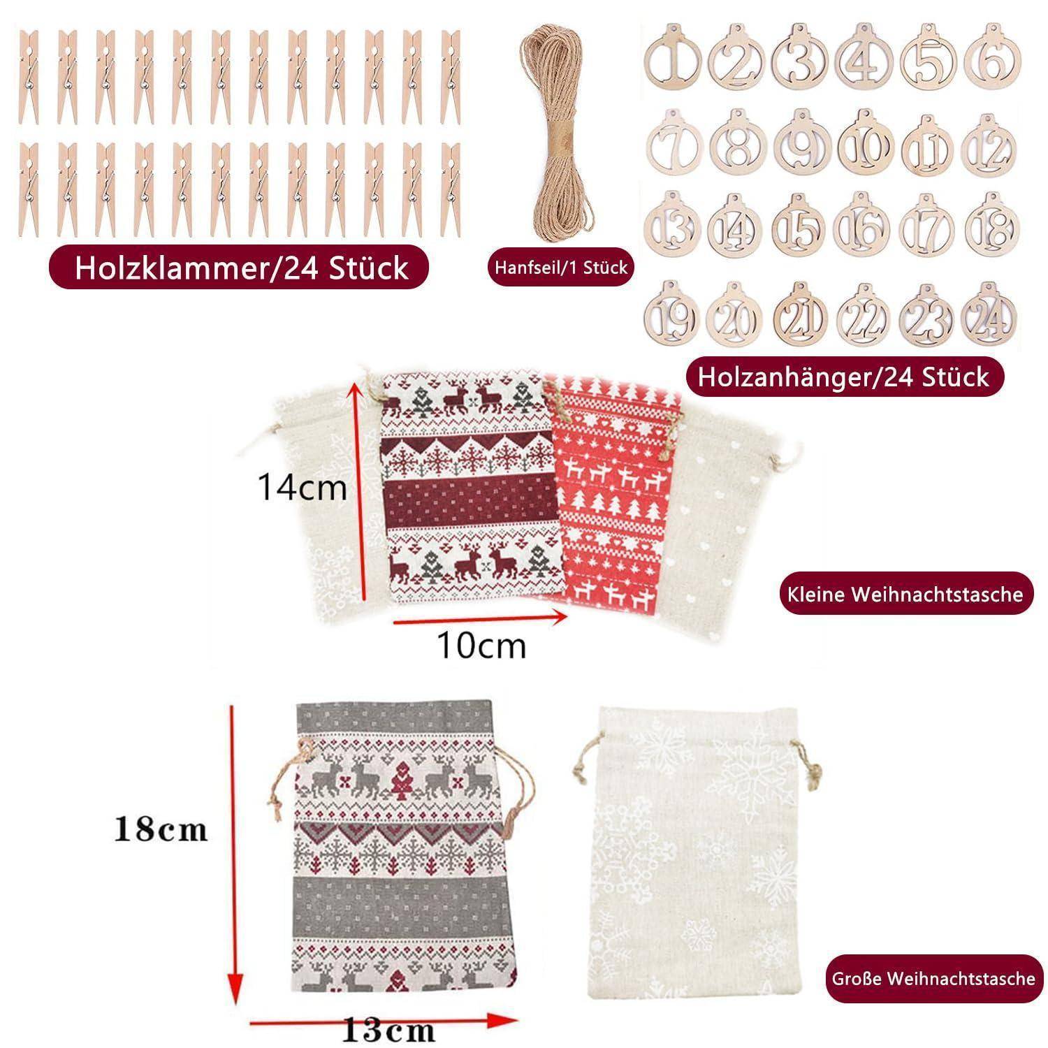 24er Adventskalender Tüten Set mit Holzanhängern und Clips