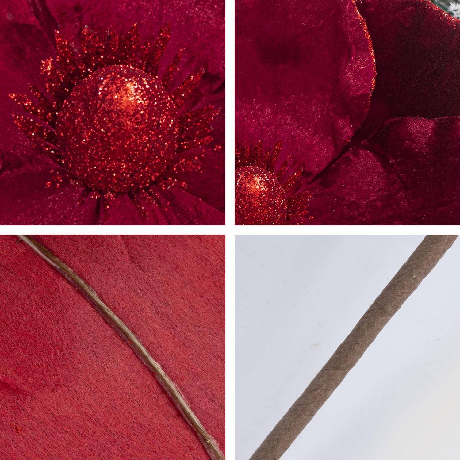 Vier Nahaufnahmen zeigen eine rote glitzernde Blume mit samtigen Blütenblättern und darunter eine strukturierte rote Oberfläche, die von einem dünnen braunen Stiel vor weißem Hintergrund durchkreuzt wird.
