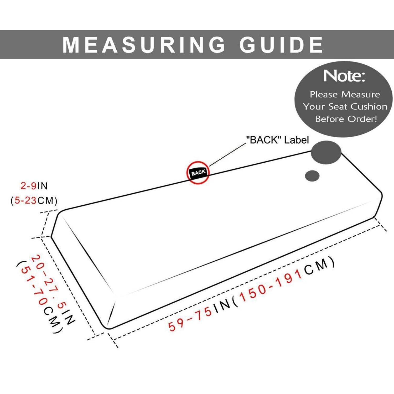 Messleitfaden für ein Sitzkissen: Position des Rückenetikets dargestellt, mit Abmessungen 59-75 cm lang, 20-27,5 cm breit und 2-9 cm dick.