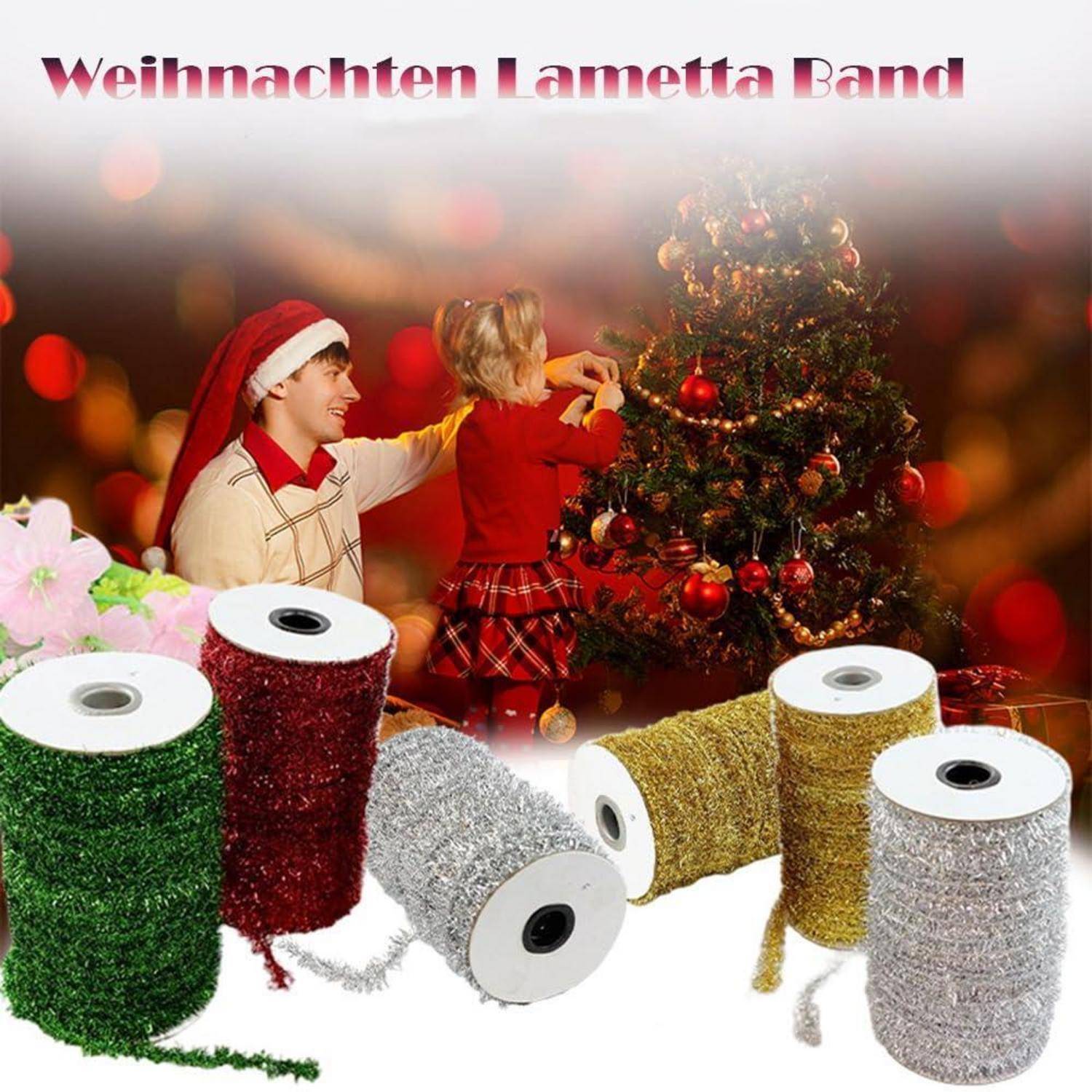 Weihnachtsthema-Anzeige für Lametta-Band mit zwei Kindern, die einen Baum schmücken, mit fünf glitzernden Lametta-Rollen in Grün, Rot, Silber, Gold und Weiß unten.