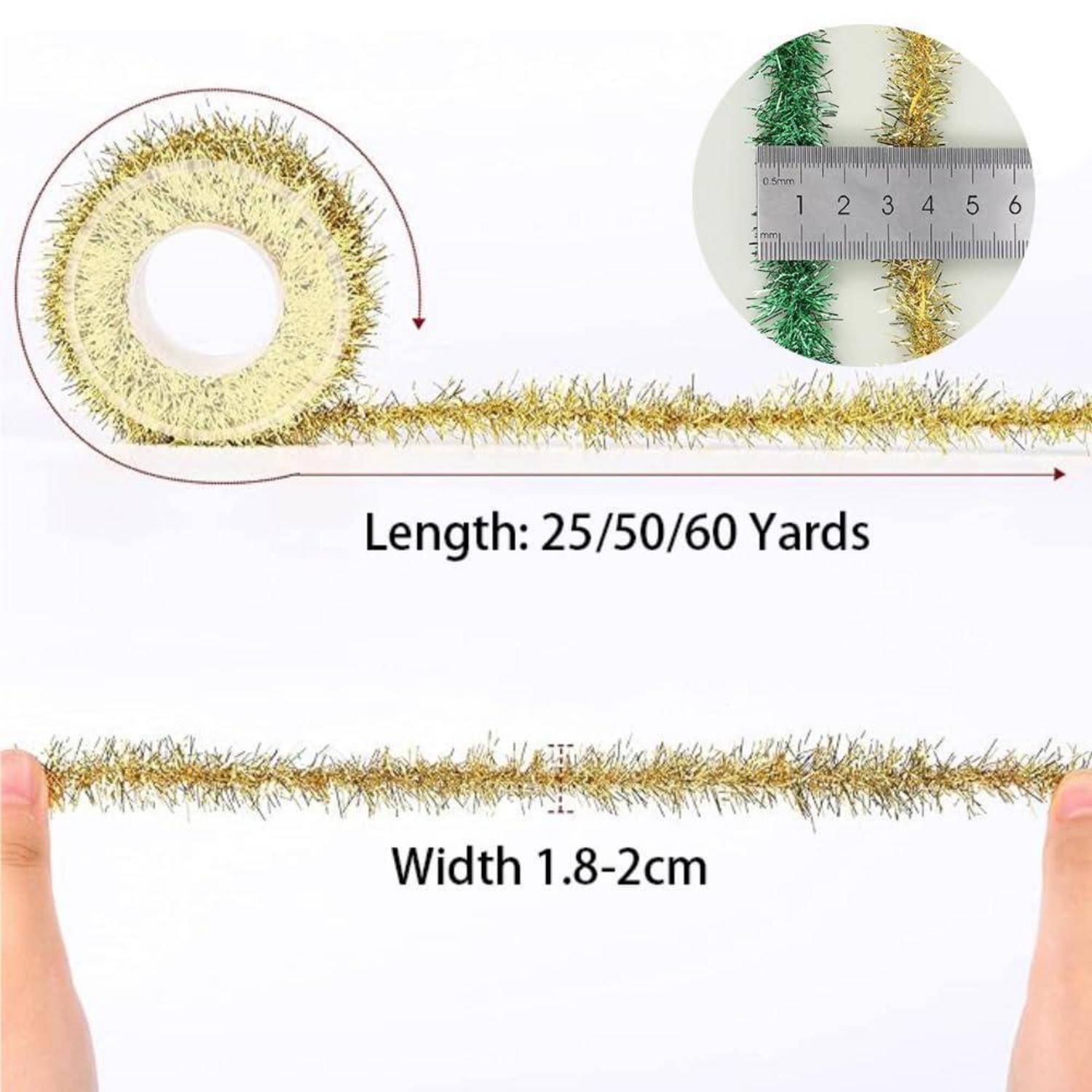 Produktbild einer goldenen Lamettagirlande mit Längenoptionen 25/50/60 Meter und Breite 1,8–2 cm, mit detaillierter Nahaufnahme eines Lineals.