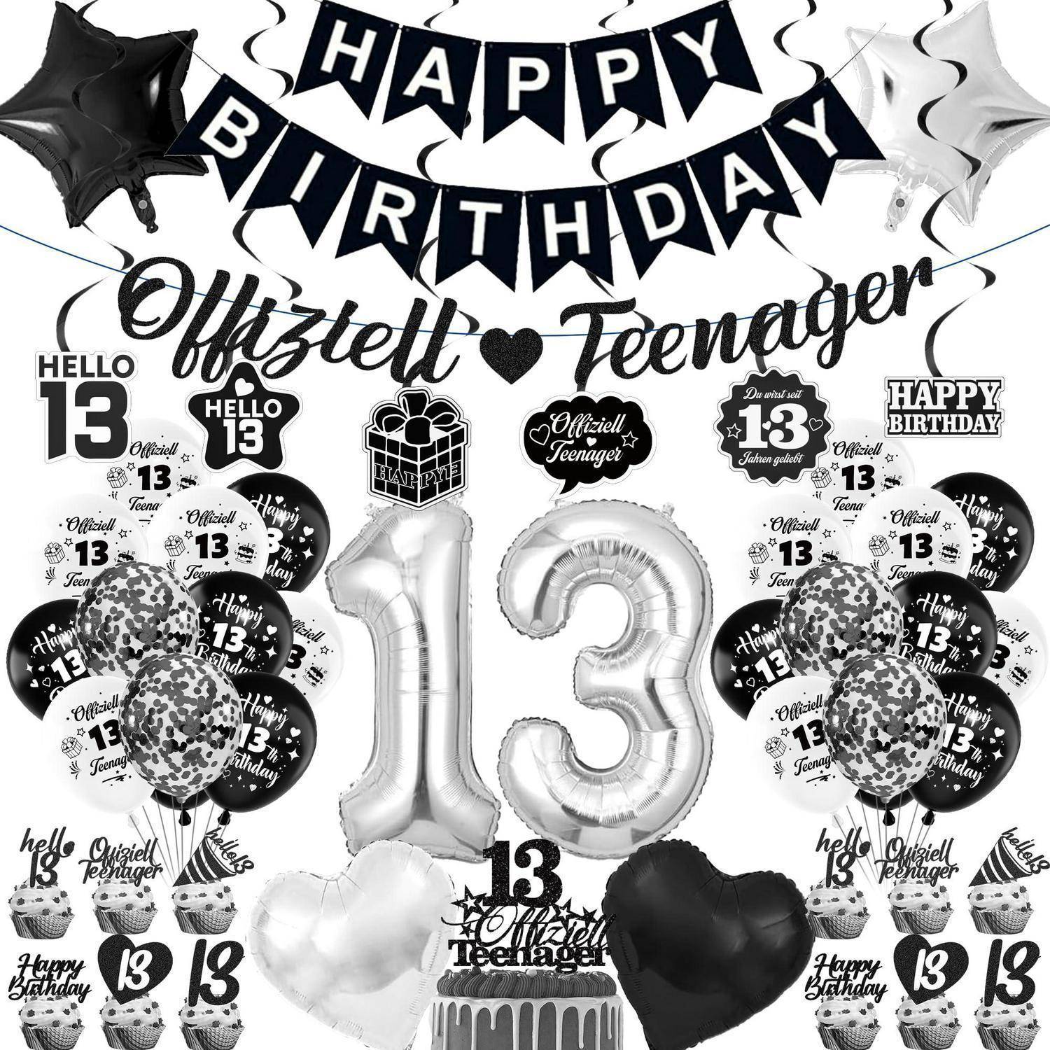 13. Geburtstag Deko Set Schwarz Silber Ballons Banner Girlande Tortendeko