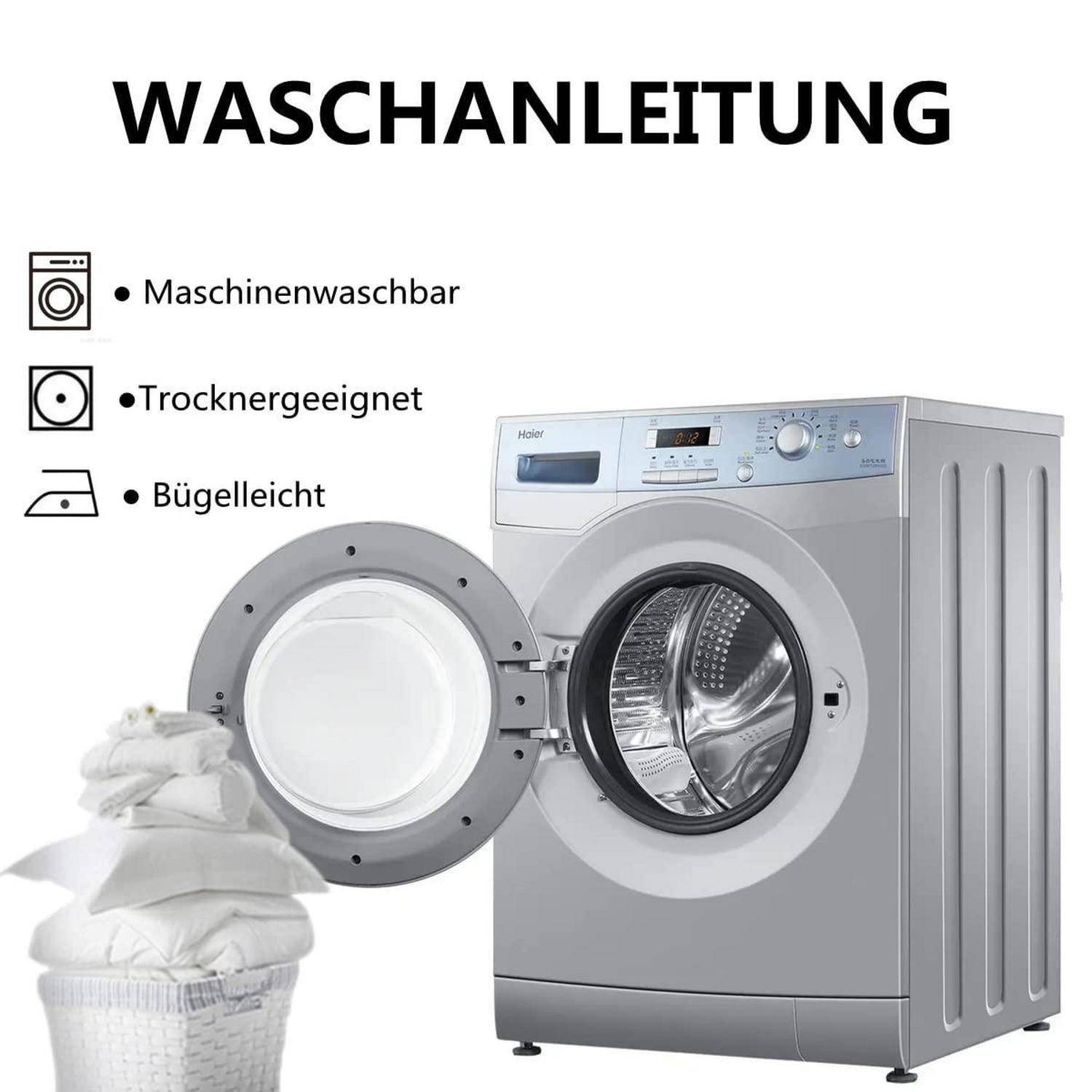 Waschanleitung für ein Kleidungsstück: Maschinenwäsche möglich, Trockner geeignet und bügelbar, dargestellt mit Pflegesymbolen neben einer Waschmaschine.