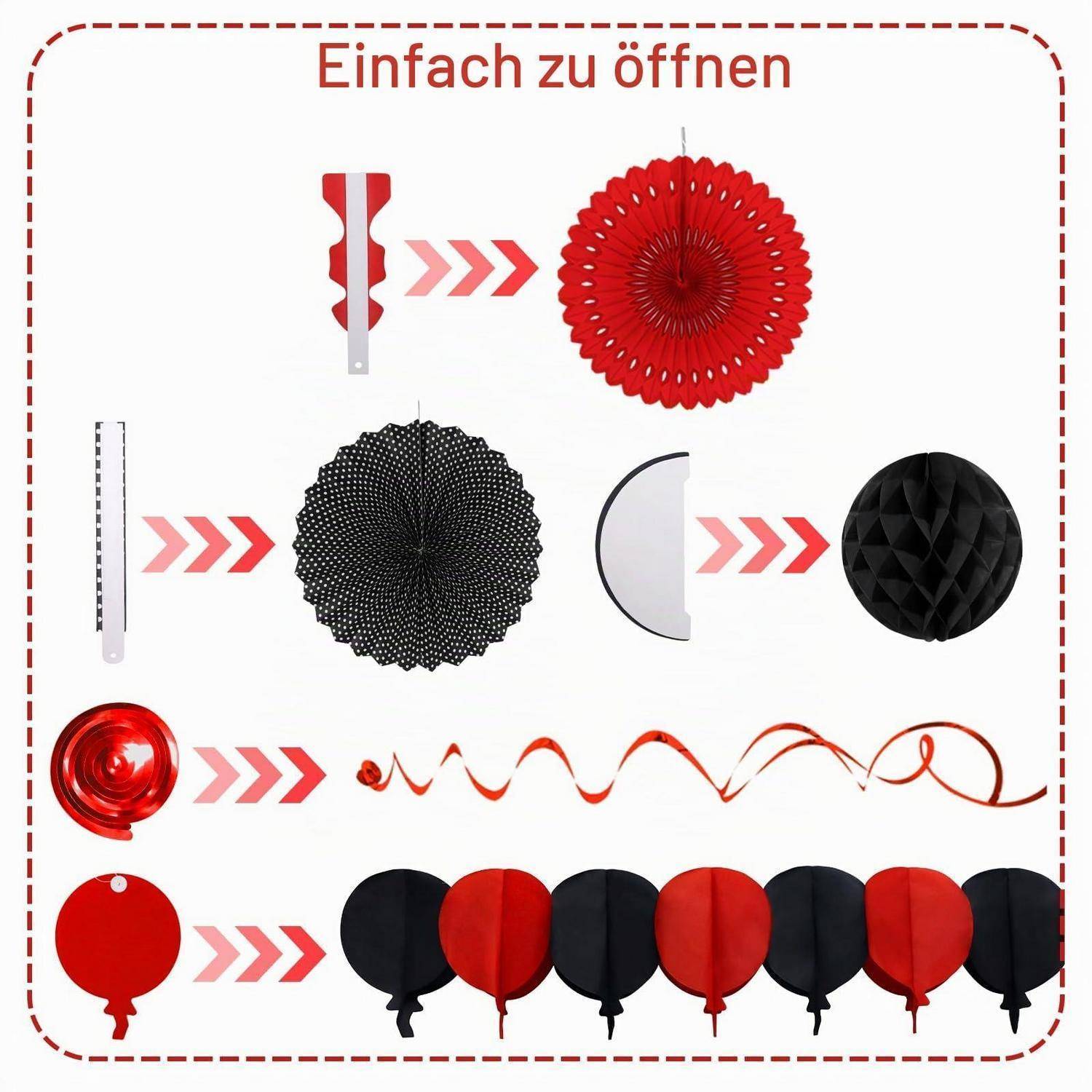Party-Dekorationsset Schwarz Rot Papierfächer Wabenkugeln Girlanden