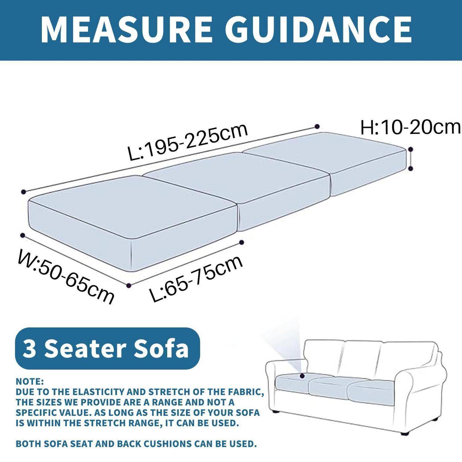 Messleitfaden für ein 3-Sitzer-Sofa: Länge 195-225 cm, Breite 50-65 cm, Sitzbereiche 65-75 cm, Höhe 10-20 cm; Kissen können verwendet werden.