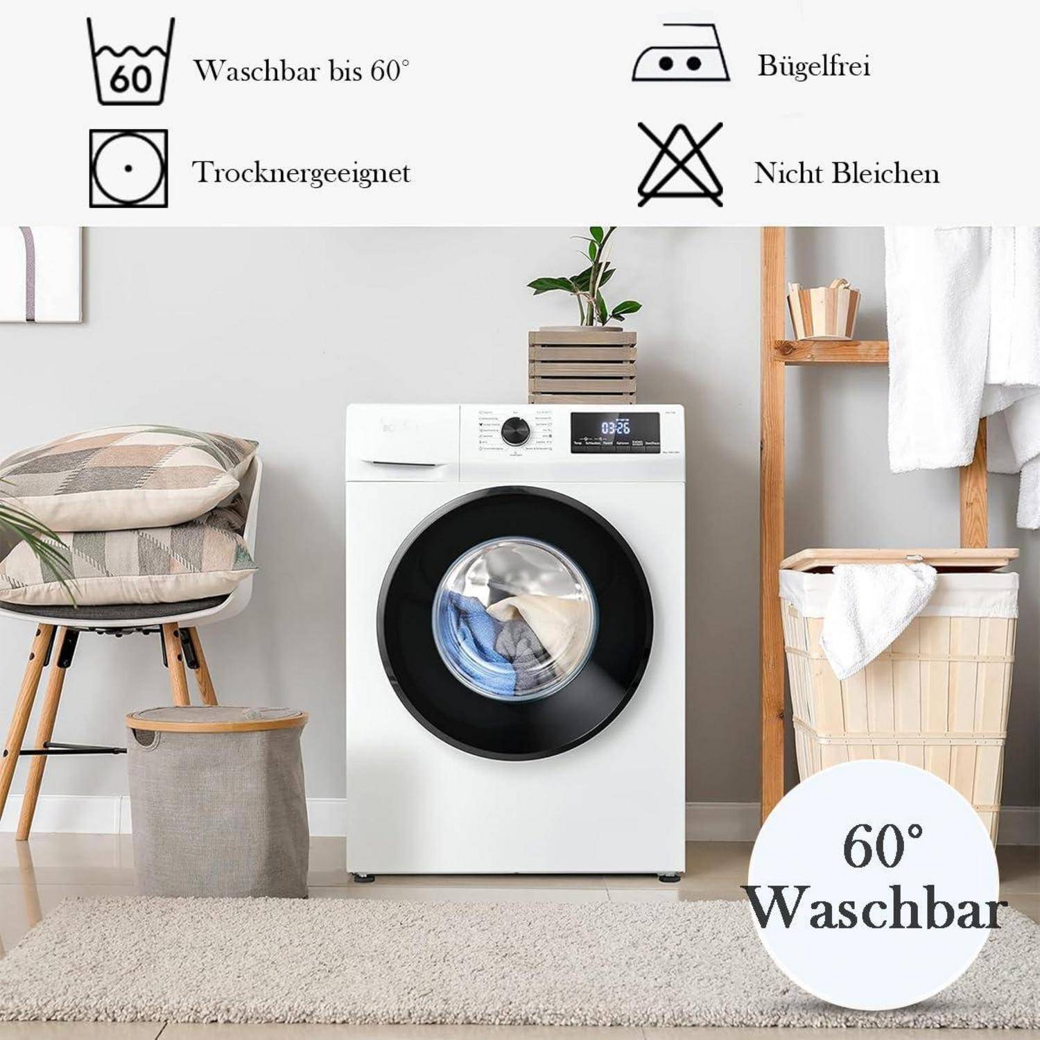 Wäschepflege-Grafik mit Symbolen für bei 60° waschbar, Trocknergeeignet, bügelungsfrei und nicht bleichen; Waschmaschine in einem Hauswäschezimmer mit Badge „60° Waschbar".