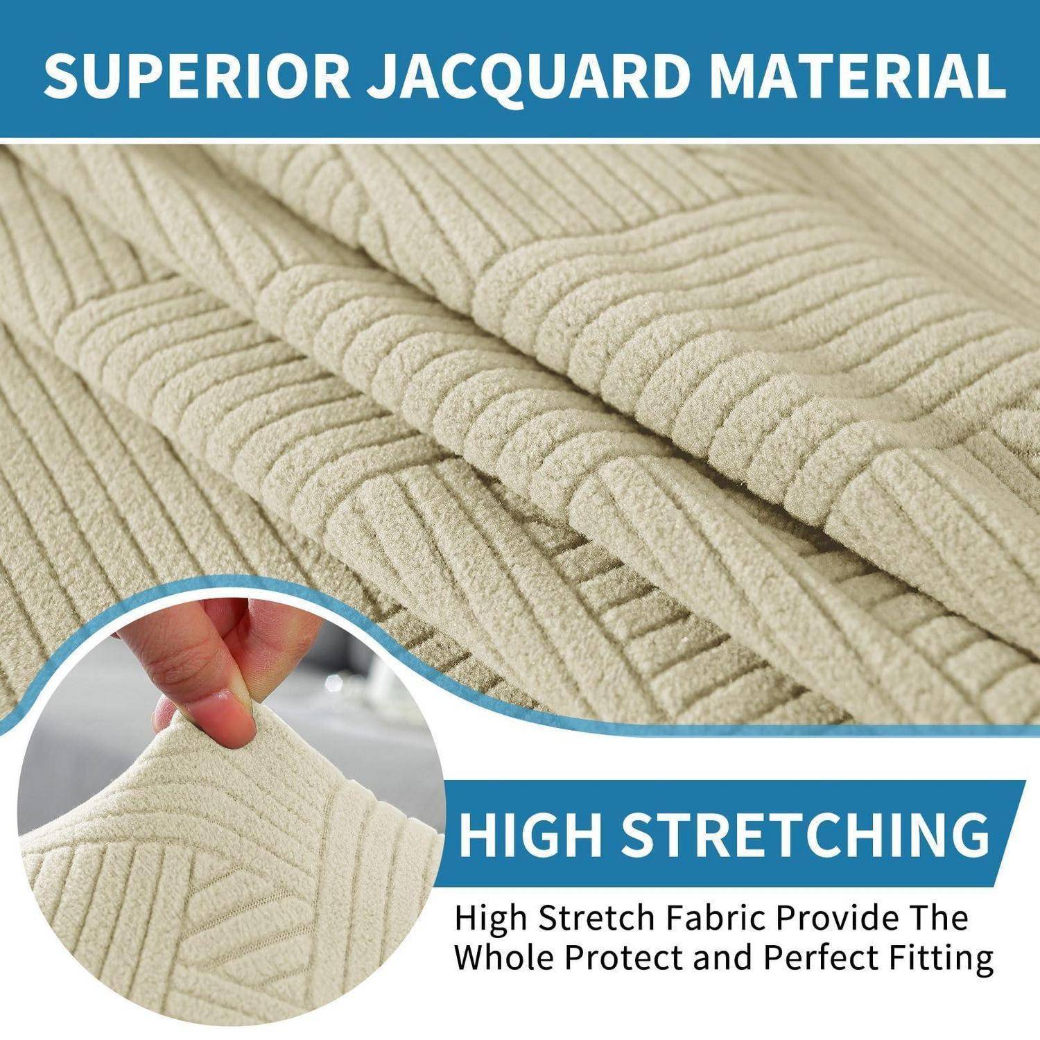 Anzeige für hochwertiges Jacquard-Material mit Nahaufnahme der strukturierten beige Stoffoberfläche und einer Hand, die sie dehnt; der Text hebt „HOHE DEHNBARKEIT