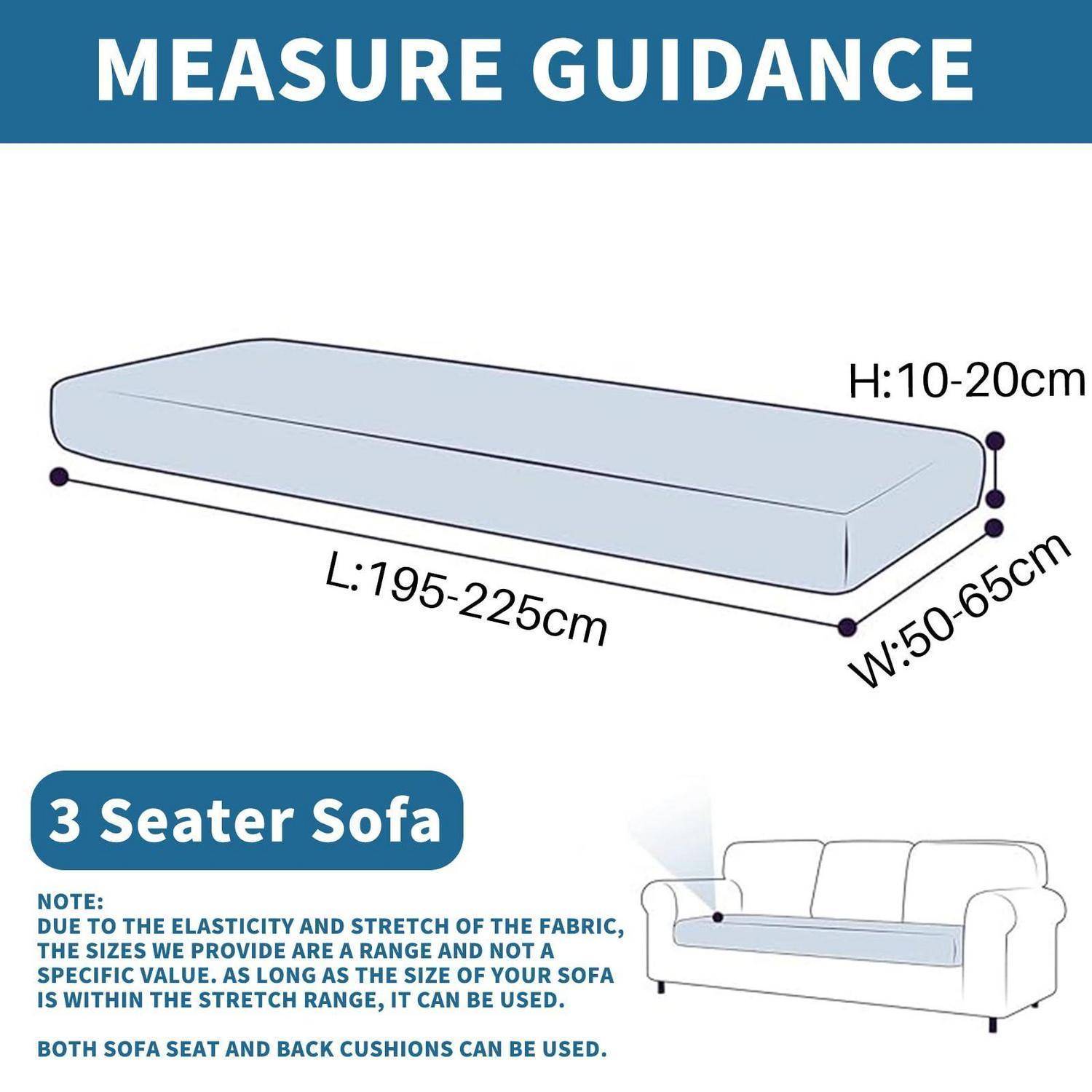 Schaubild zur Größentabelle für Sofabezüge für 3-Sitzer-Sofas: Länge 195-225 cm, Breite 50-65 cm, Höhe 10-20 cm, mit Hinweis, dass dehnbarer Stoff die Größenbestimmung im angegebenen Bereich ermöglicht.