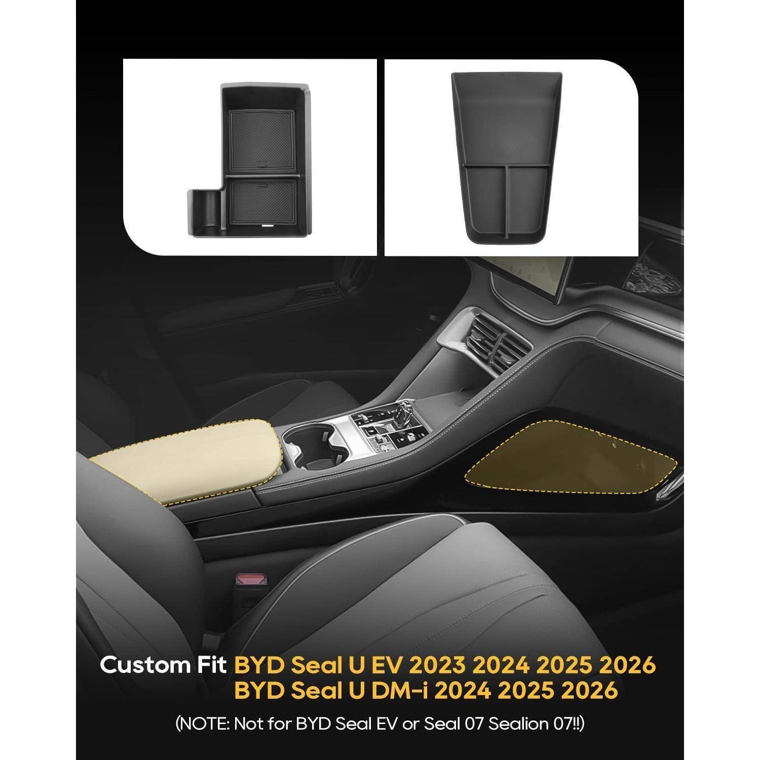 Maßgeschneiderte Mittelkonsolen-Organizer für BYD Seal U EV und Seal U DM-i, gezeigt in einem Autoinnenraum mit zwei Tablett-Einsatz-Designs.