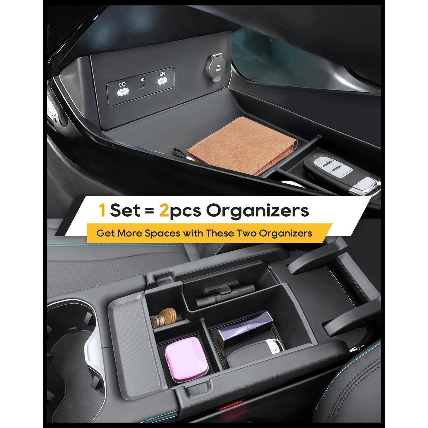 Werbebildung für Autokonsolen-Organizer mit zwei Lagereinsätzen in einer Mittelkonsole, mit Text „1 Set = 2er Organizer