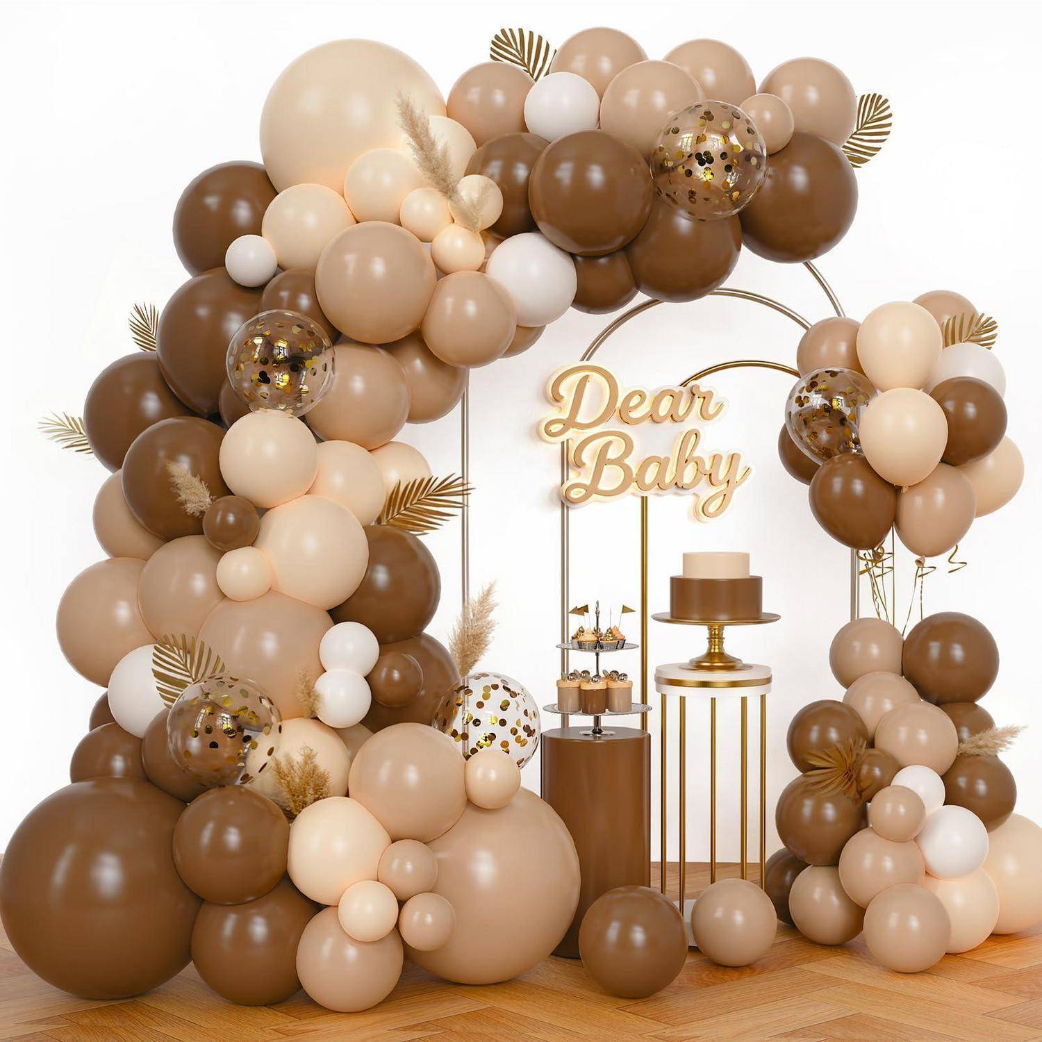 Babyparty-Hintergrund mit einem Ballonbogen in Beige, Weiß und Braun, 