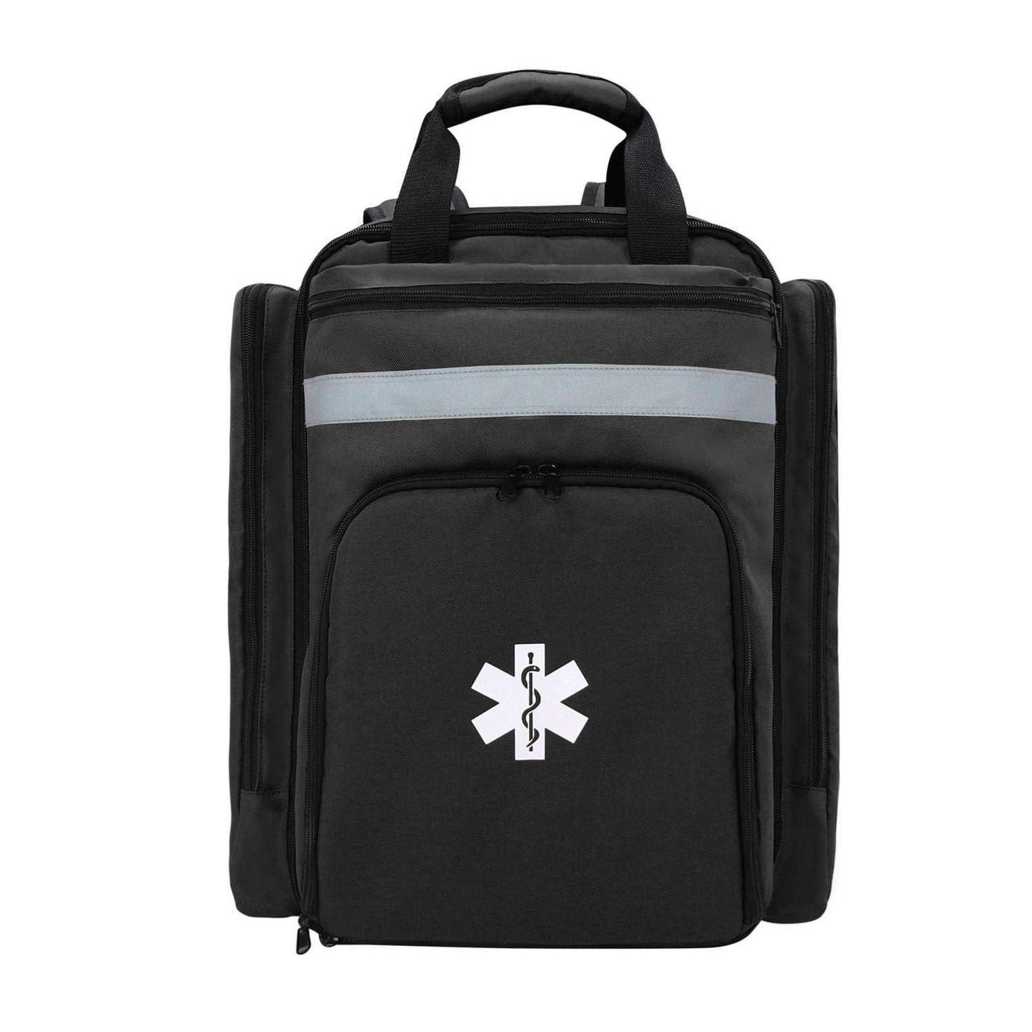 Schwarzer Notfall-Sanitätsrucksack mit reflektierendem Streifen und Erste-Hilfe-Symbol auf der Vorderseite.