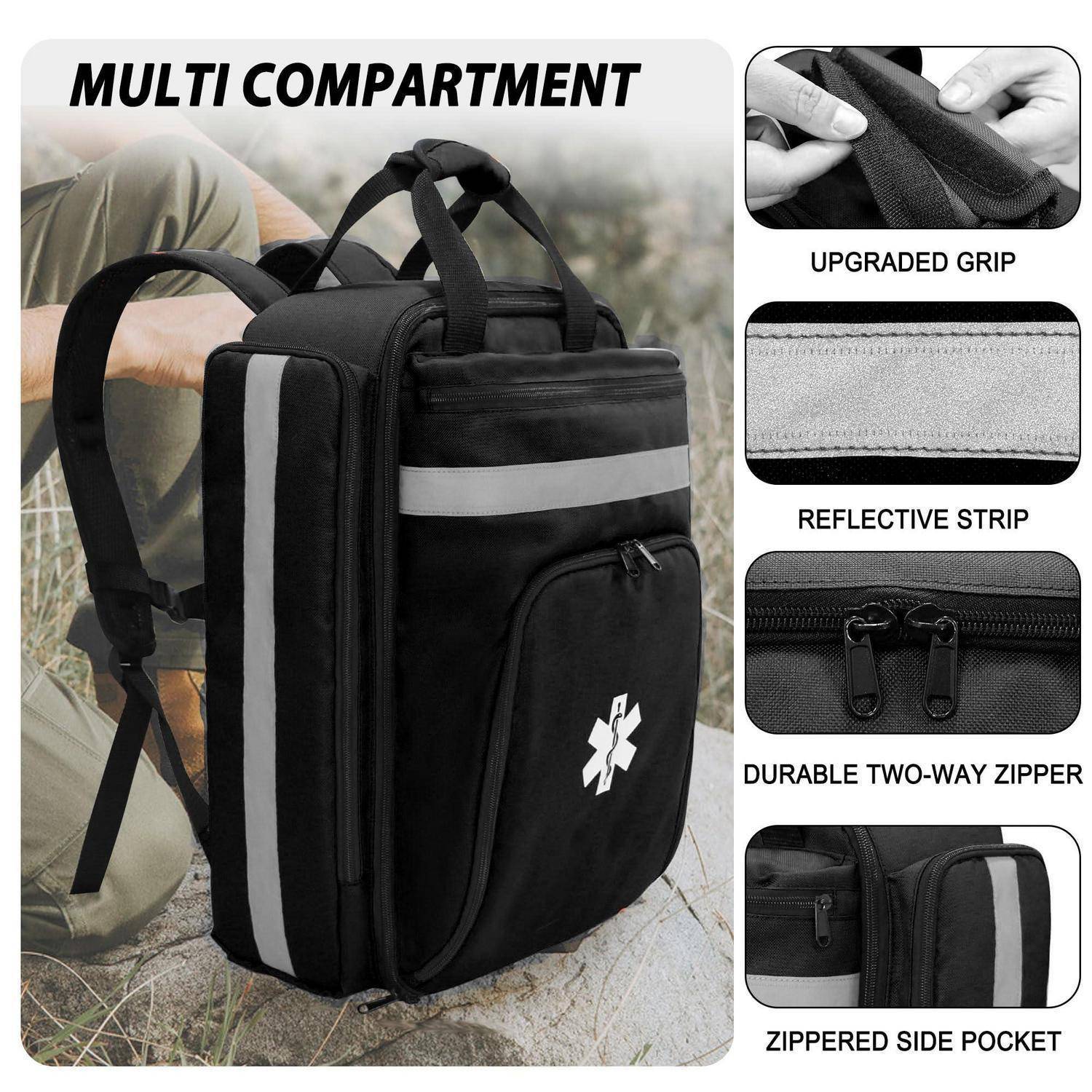 Schwarzer medizinischer Mehrfach-Rucksack mit reflektierenden Streifen, verbessertem Griff, bidirektionalen Reißverschlüssen und Seitentasche, dargestellt mit nahaufnahmen der Funktionen.