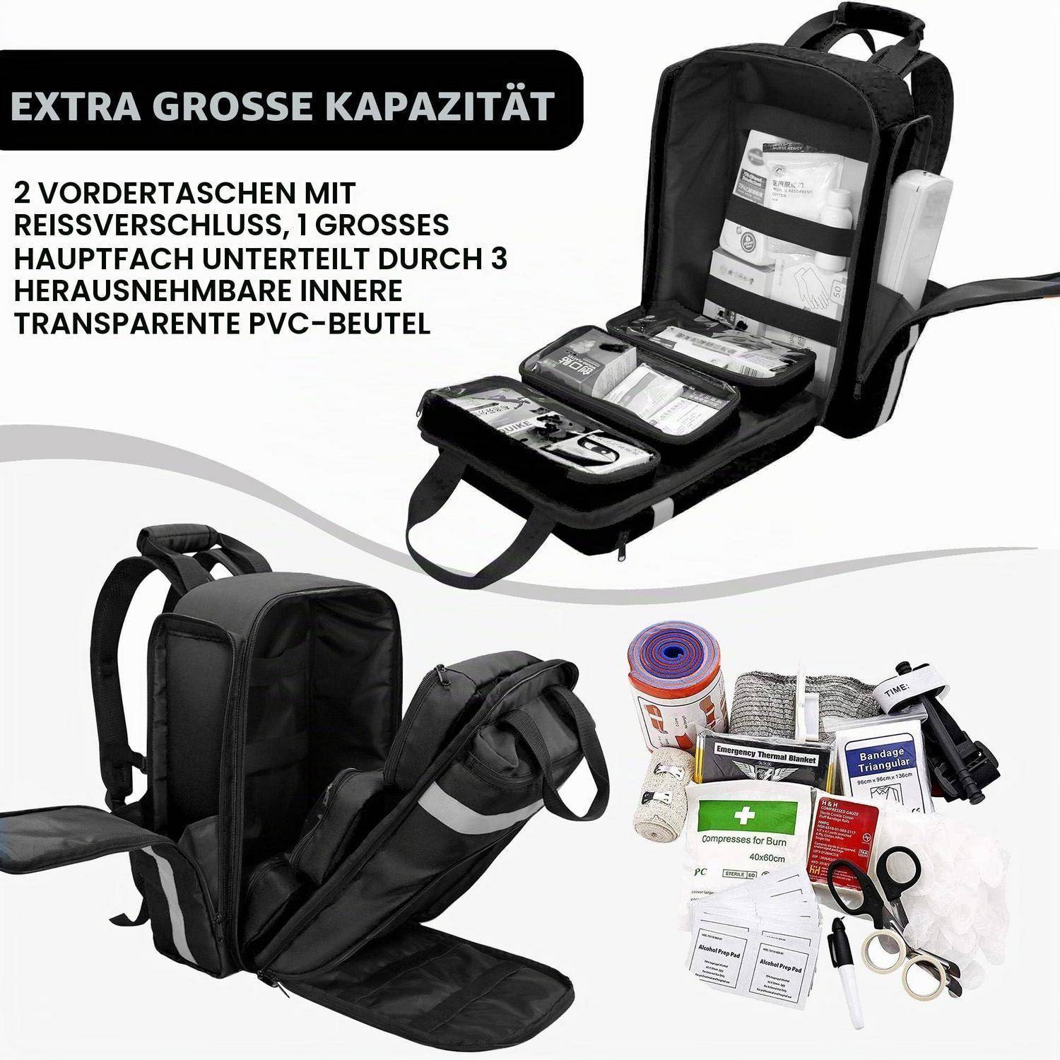 Schwarzer Erste-Hilfe-Rucksack mit mehreren Reißverschlussfächern und transparenten Innentaschen, geöffnet und gefüllt mit Notfall-Medizinprodukten.