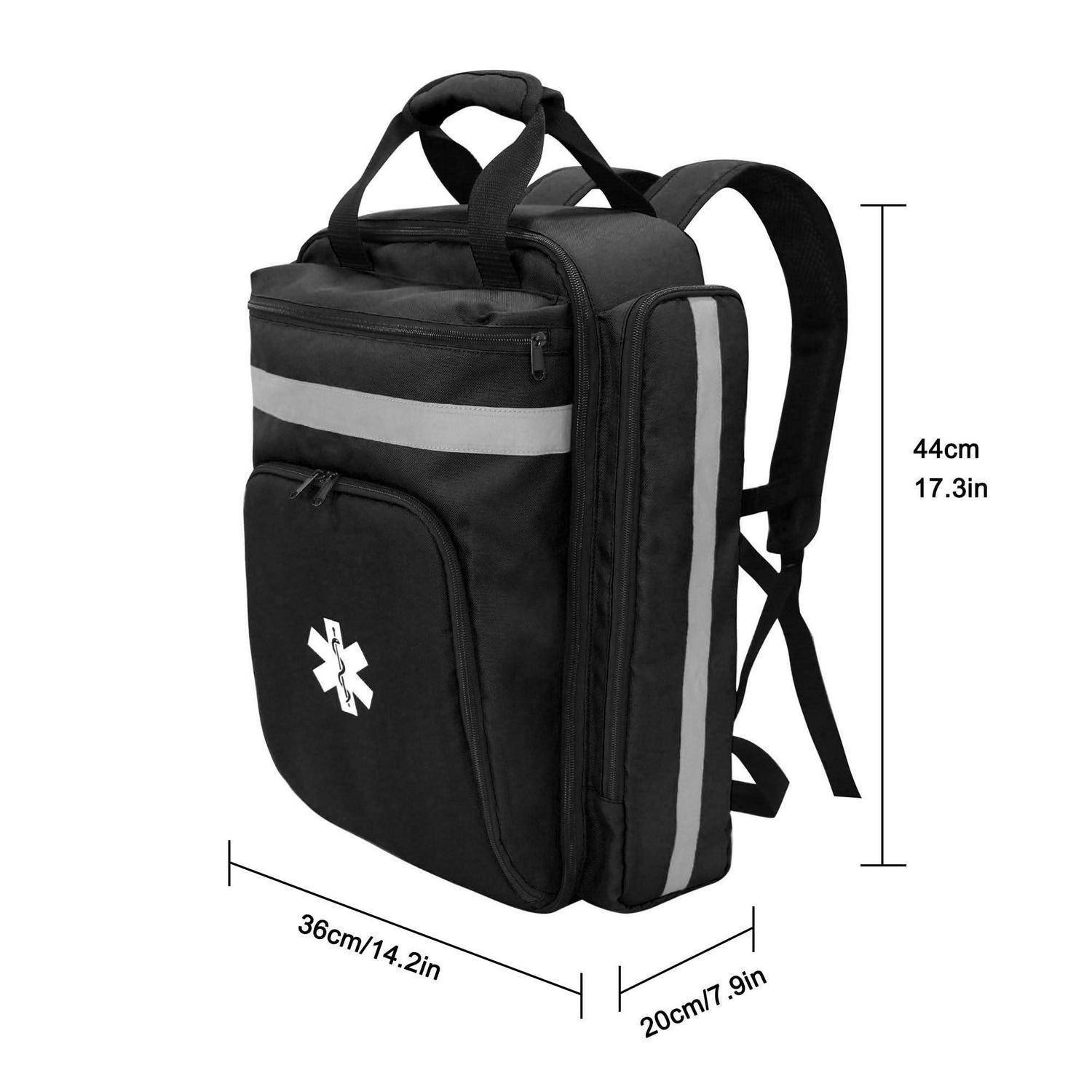 Schwarzer Rucksack mit reflektierendem Streifen, vorderem Medizinsymbol und beschrifteten Abmessungen 44 cm Höhe, 36 cm Breite, 20 cm Tiefe.