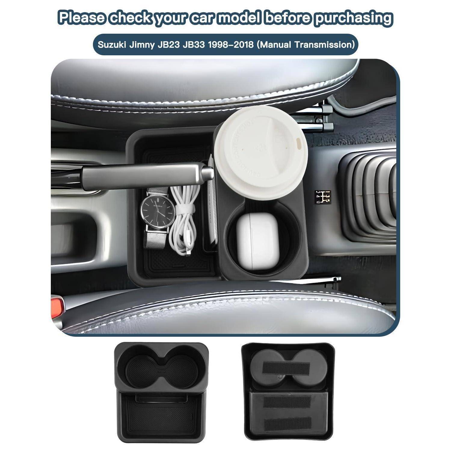 Autoinnenraum-Organizer für Suzuki Jimny JB23/JB33 1998–2018 Schaltgetriebe, zeigt Getränkehalter, Ablage, Uhr, Kabel und Passbeispiele.