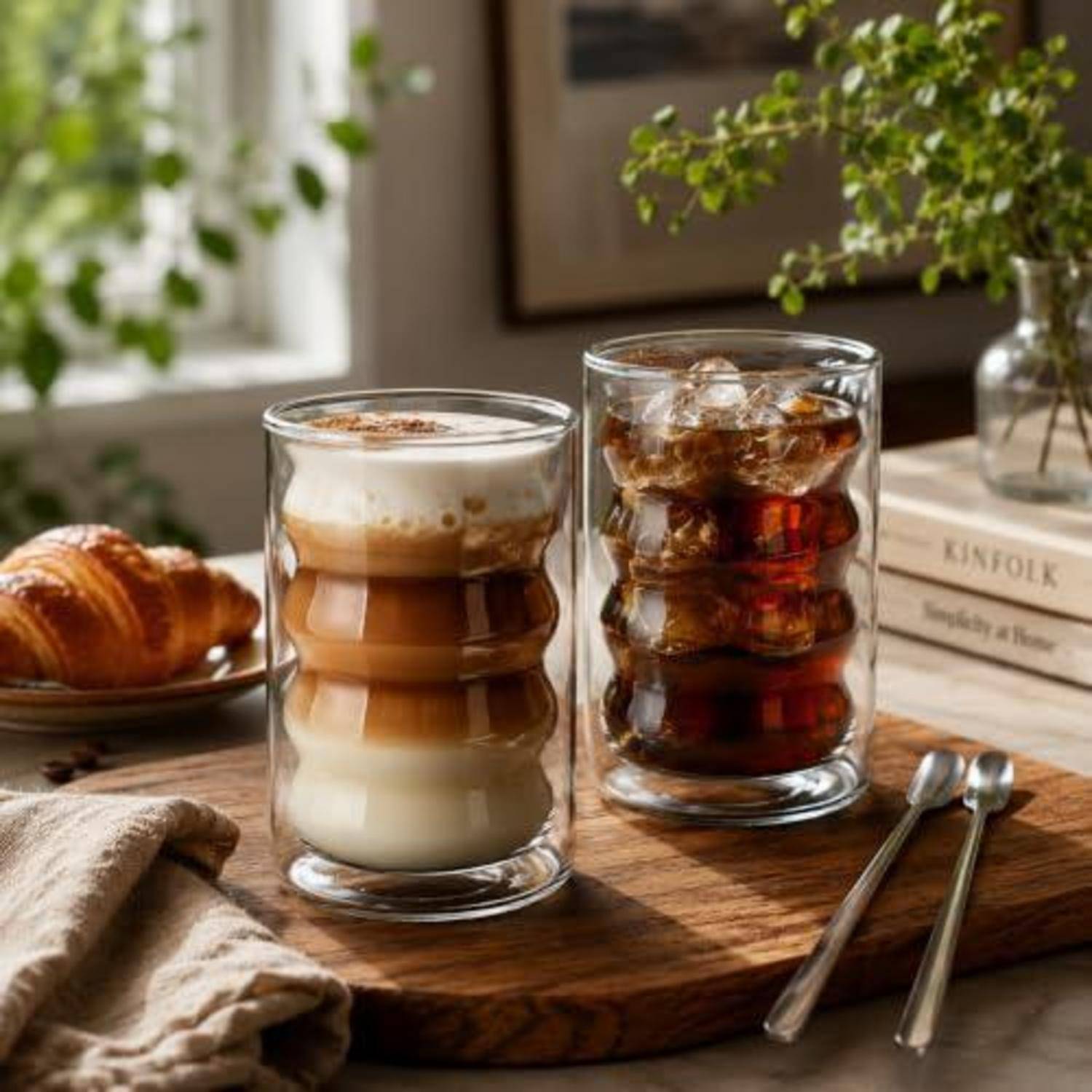 Zwei schichtige Eiskaffeegetränke in durchsichtigen Gläsern auf einem Holztablett, mit einem Croissant, einer Serviette und einem Löffel auf einem sonnendurchfluteten Tisch.