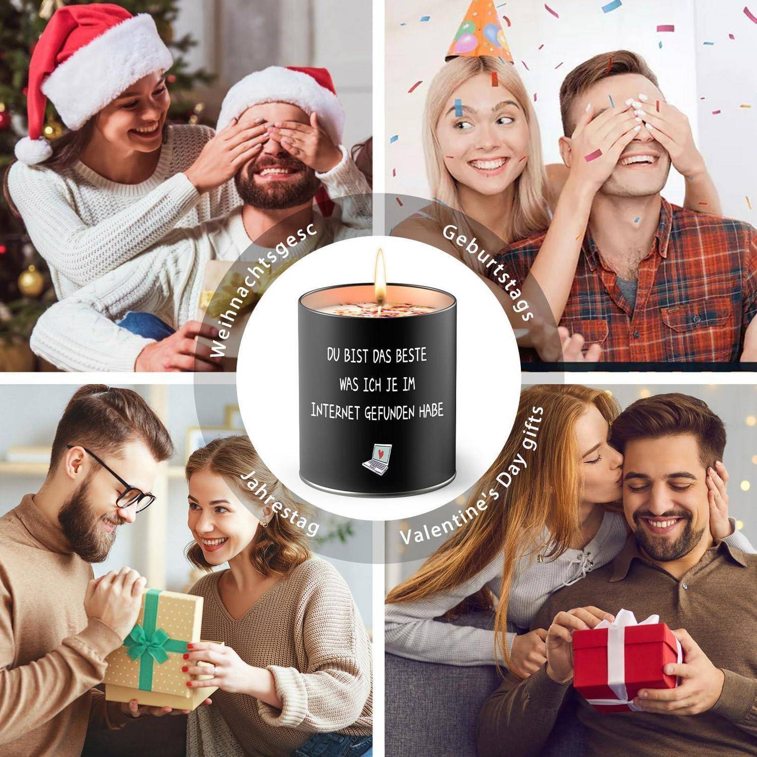 Collage von Paaren, die sich zu Feiertagen und Geburtstagen Geschenke geben, um eine Kerze herum, auf der steht „Du bist das Beste, das ich je im Internet gefunden habe".
