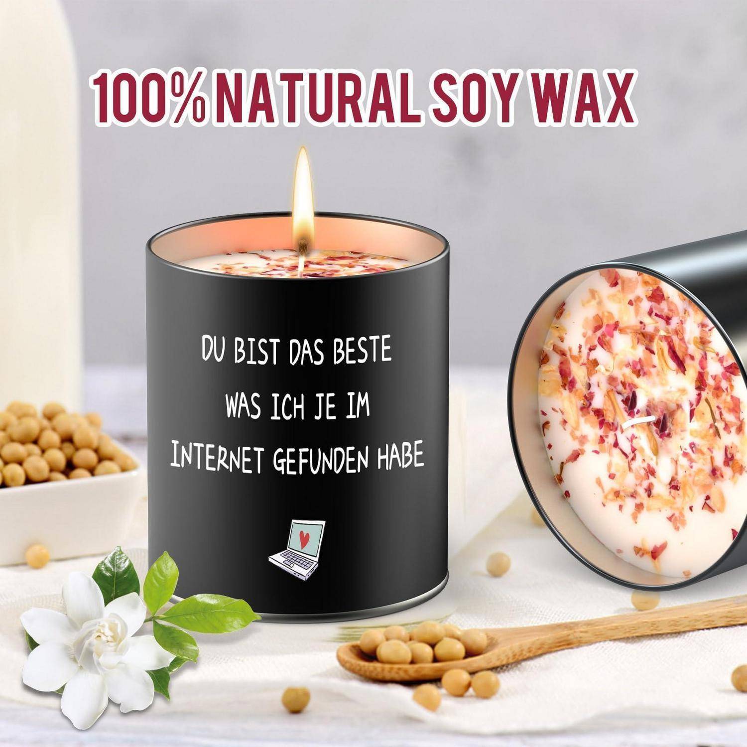 Werbebilder einer Sojawachskerze mit dem Text "100% NATÜRLICHES SOJAWACHS"" und ""DU BIST DAS BESTE WAS ICH JE IM INTERNET GEFUNDEN HABE"".