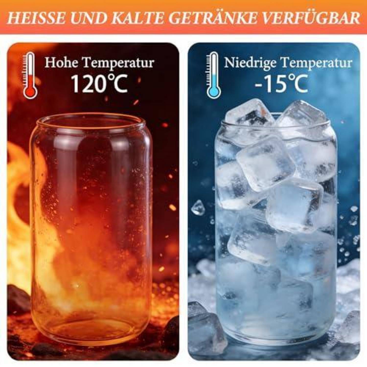 Wärmeschutzglas für Heißgetränke bei 120°C und Wärmeschutzglas für Kaltgetränke bei -15°C, mit dem Text „Heiße und kalte Getränke verfügbar".