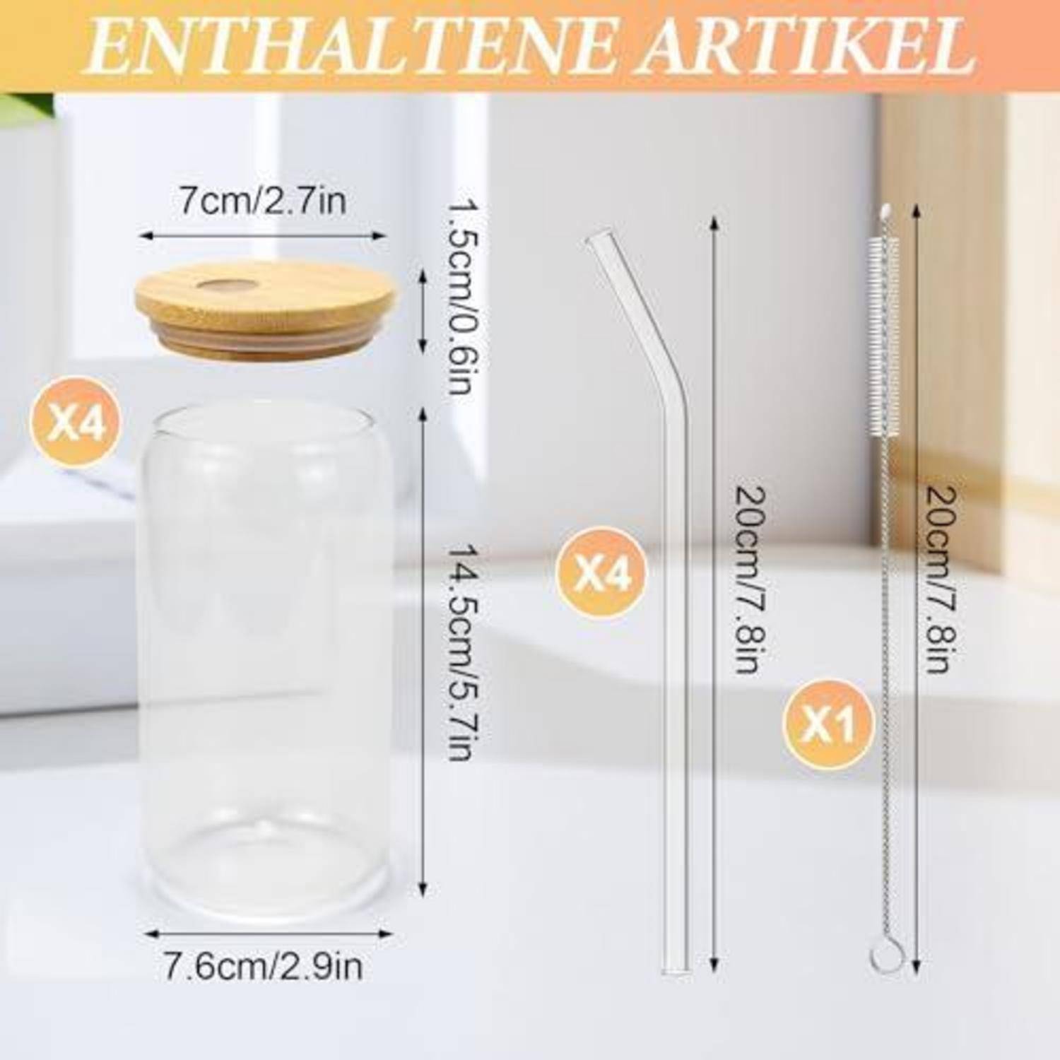 Produktinhaltsdiagramm mit 4 Glasgefäßen mit Holzdeckeln, 4 gebogenen Strohhalmen und 1 Reinigungsbürste, mit Größenmessungen in Zentimetern und Zoll beschriftet.