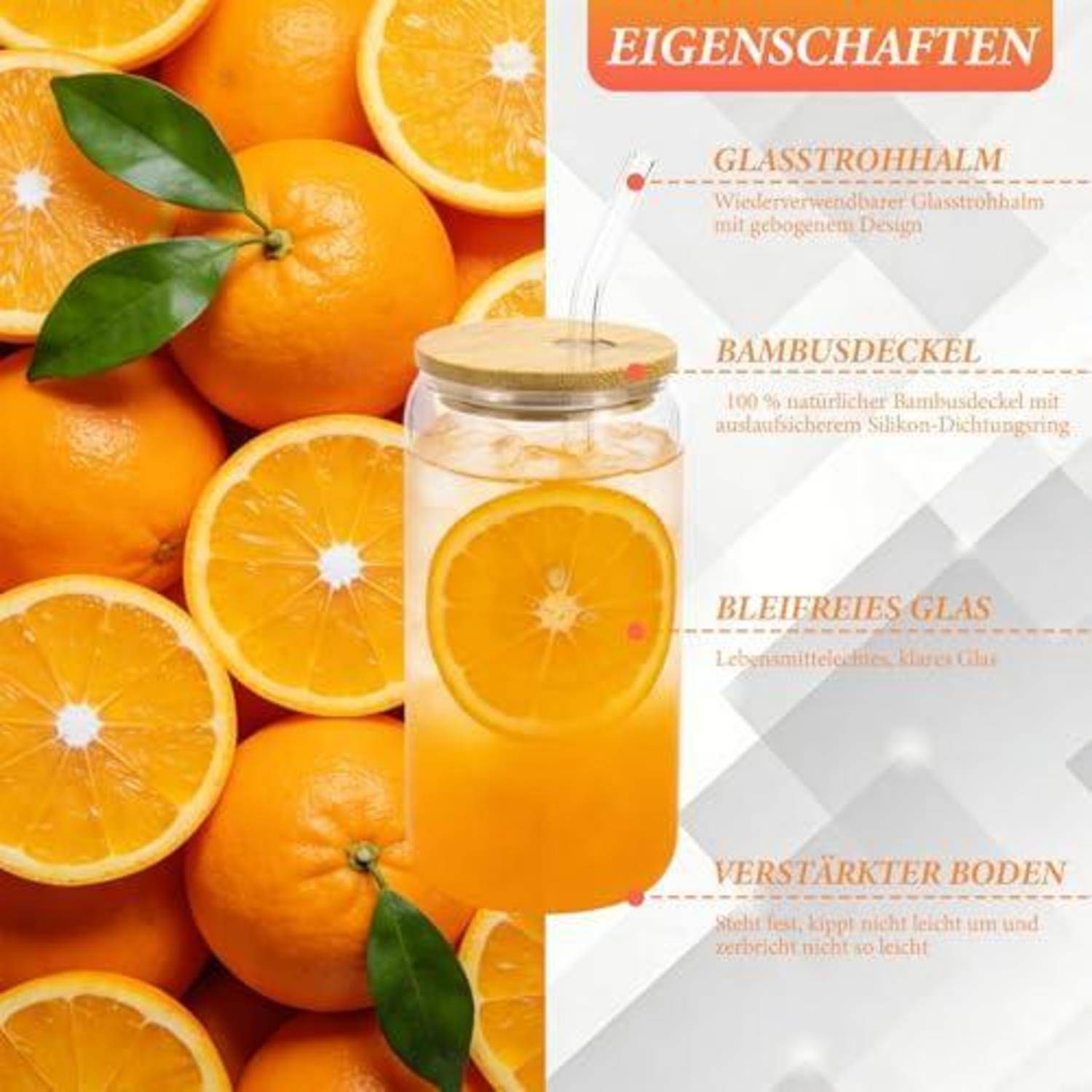 Infografik eines Glasglases mit orangefarbenem Getränk und Strohhalm, umgeben von Orangen. Der Text listet Eigenschaften auf: Glasstrohhalm, Bambusdeckel, bleifreies Glas, verstärkte Basis.