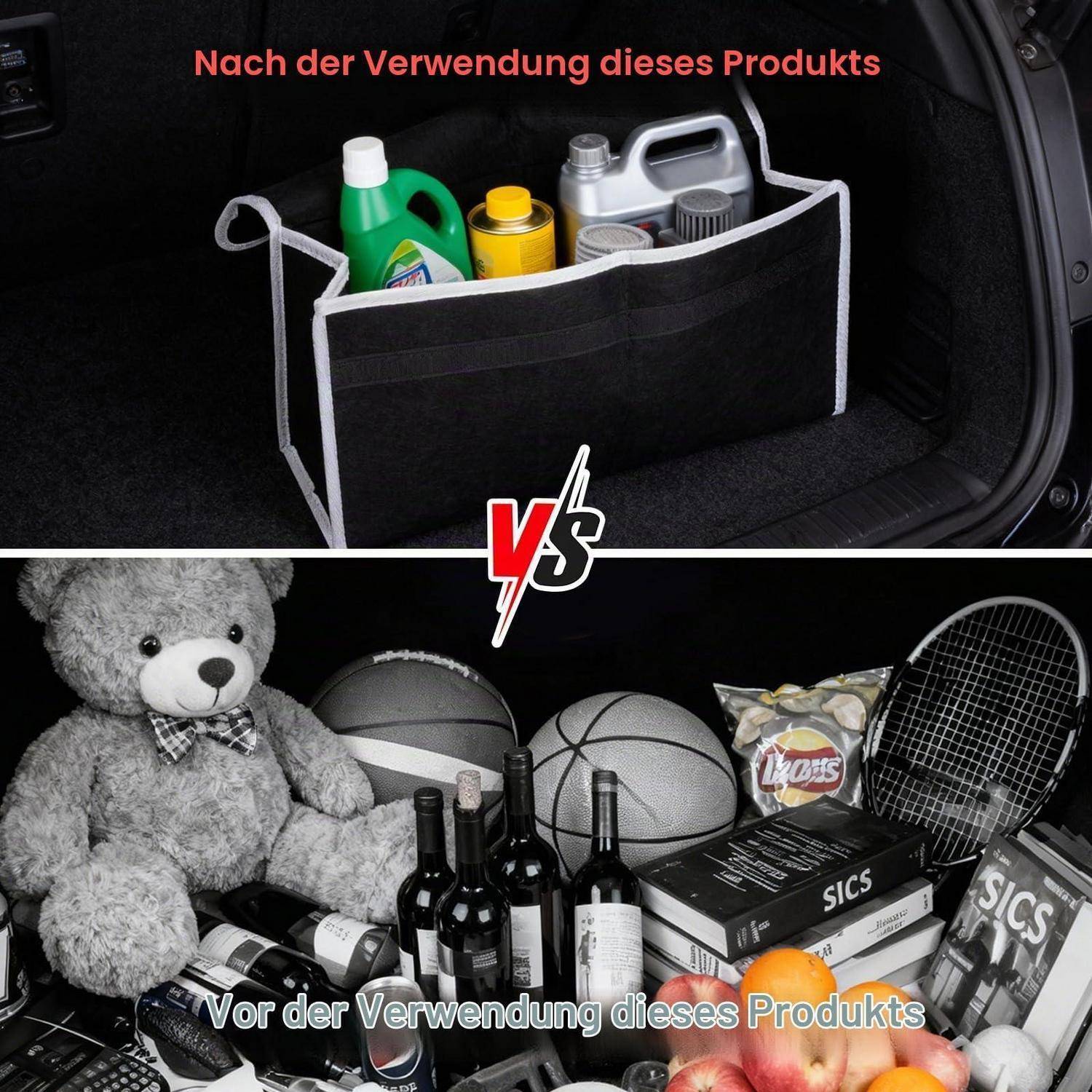 Vergleich des Kofferraumorganizers: Oben sind saubere Reinigungsmittel und Öl nach Verwendung des Produkts ordentlich gelagert; unten zeigt ein ungeordneter Kofferraum mit Sportausrüstung, Weinflaschen und Lebensmitteln vorher.