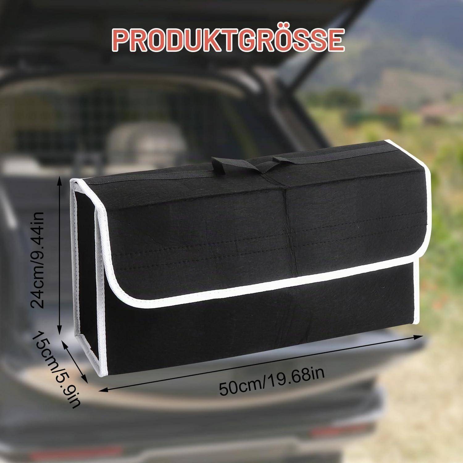 Schwarzer zusammenklappbarer Kofferraumorganizer mit Produktgrößenetiketten: 50 cm lang, 24 cm hoch, 15 cm tief.