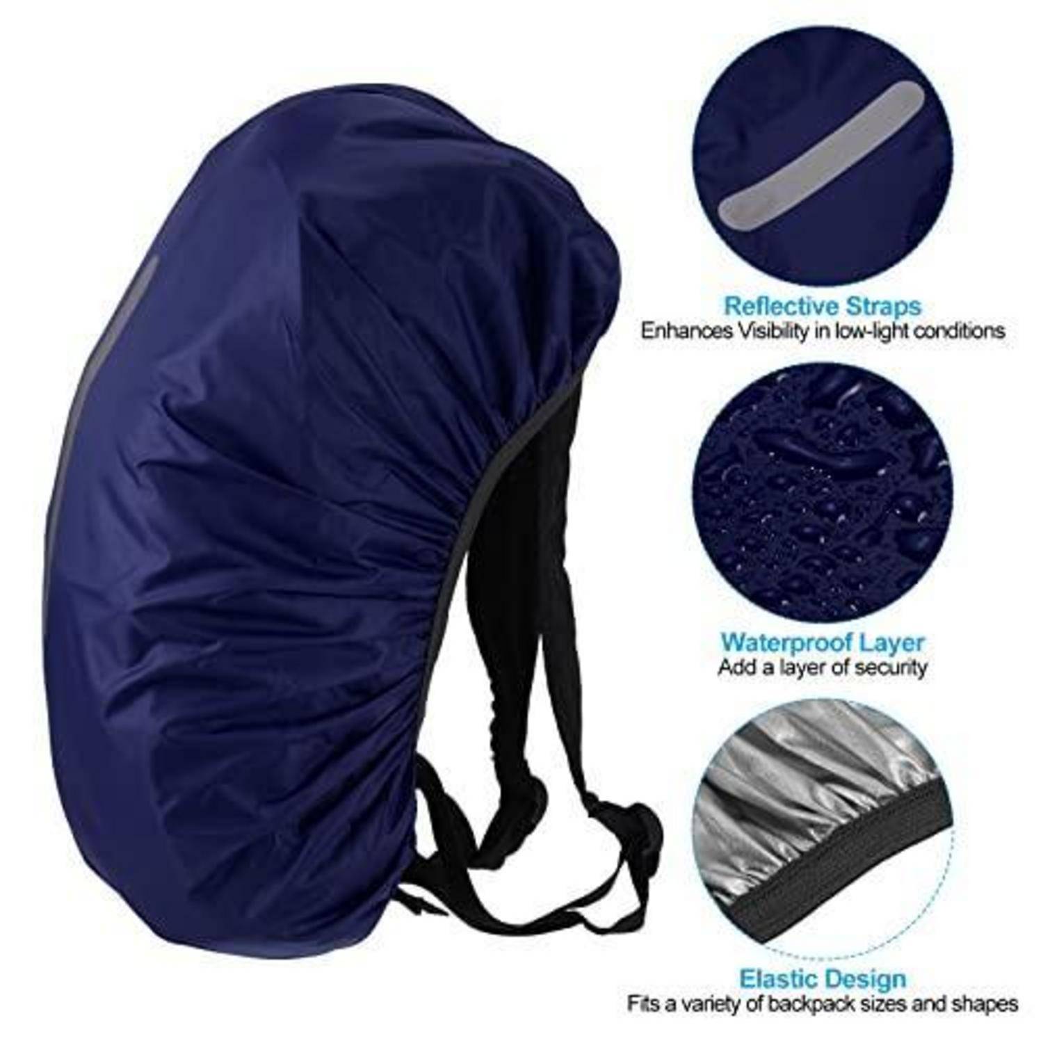 Blauer wasserdichter Rucksackschutz mit Riemen und drei Beschriftungen, die reflektierende Riemen, wasserdichte Schicht und elastisches Design zeigen.