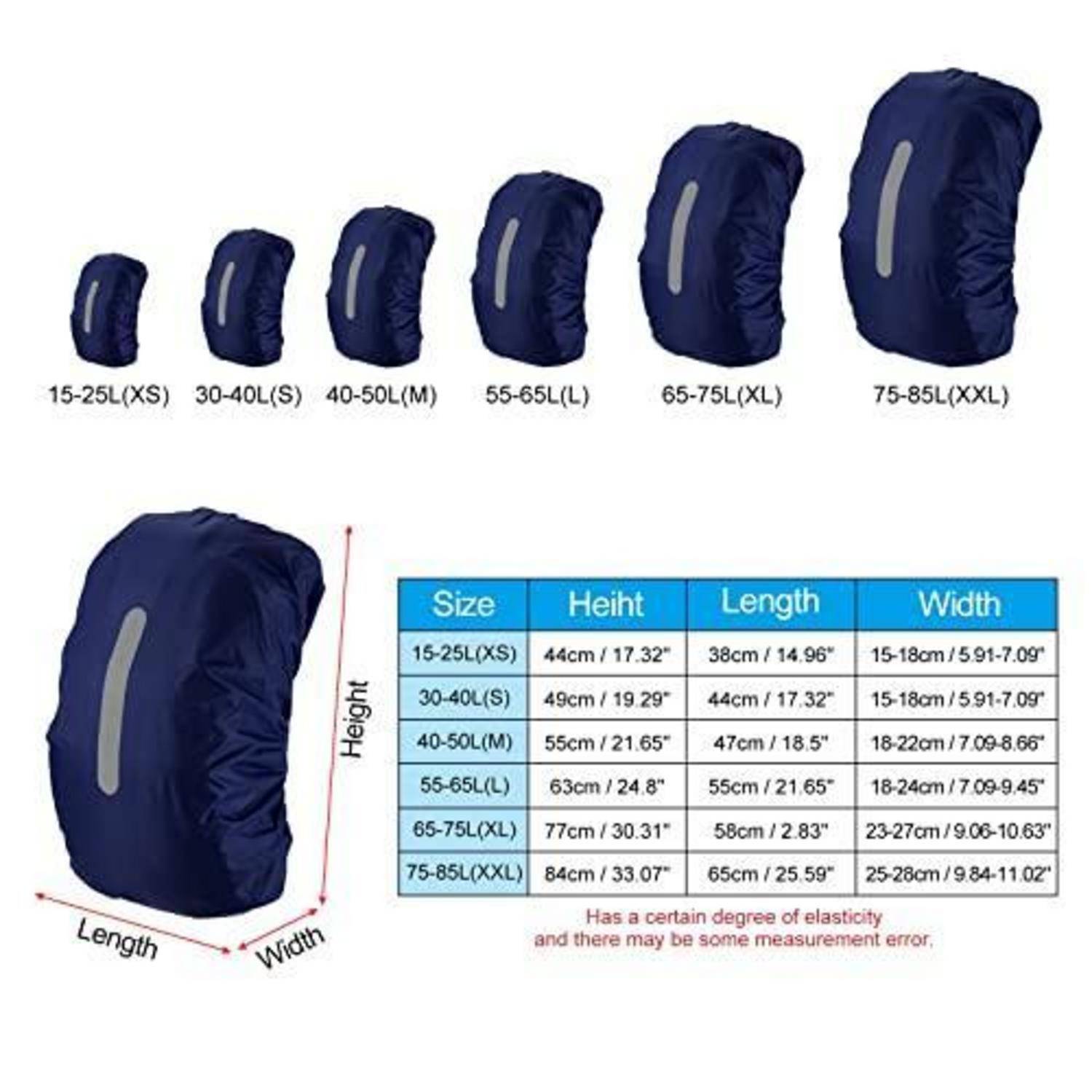 Größentabelle für einen Rucksack-Regenschutz mit sechs Größen von 15–25L (XS) bis 75–85L (XXL) mit Höhen-, Längen- und Breitenmessungen.