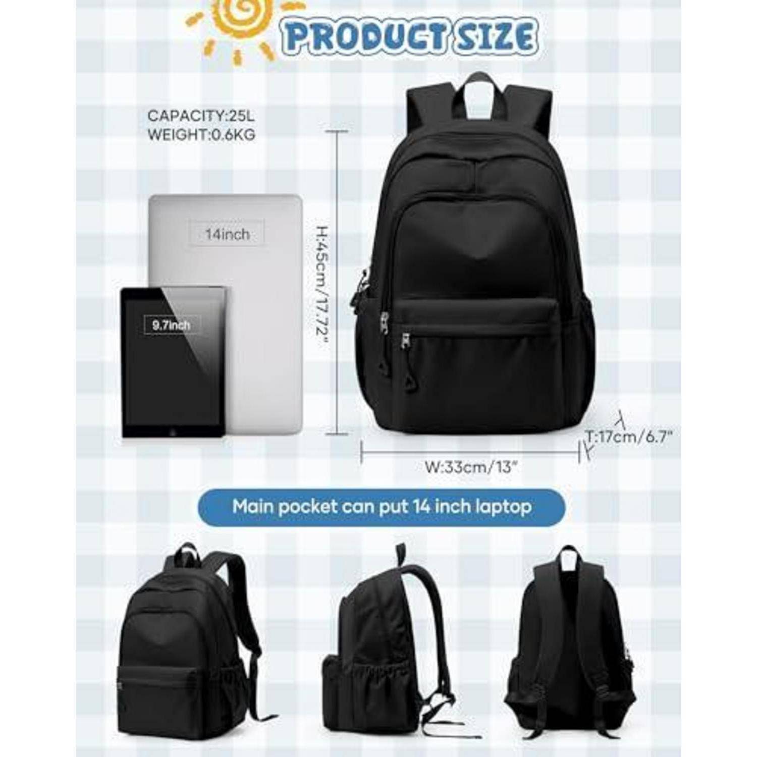 Produktgröße-Infografik für einen schwarzen Rucksack: Kapazität 25L, Gewicht 0,6kg, passt für einen 14-Zoll-Laptop; Abmessungen 45cm x 33cm x 17cm.