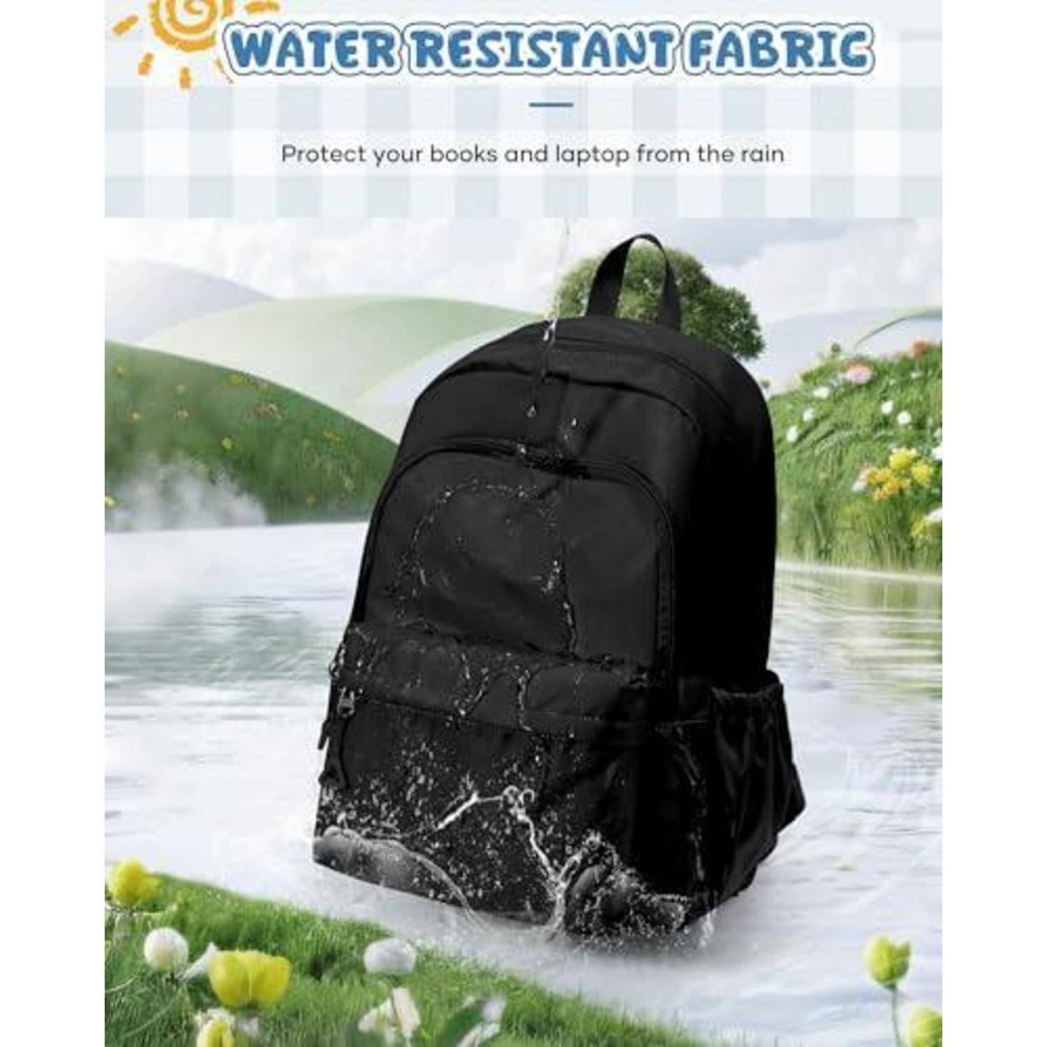 Schwarzer wasserfester Rucksack, der von Regen bespritzt wird, mit Text „WASSERFESTES MATERIAL" und „Schützen Sie Ihre Bücher und Ihren Laptop vor dem Regen"".