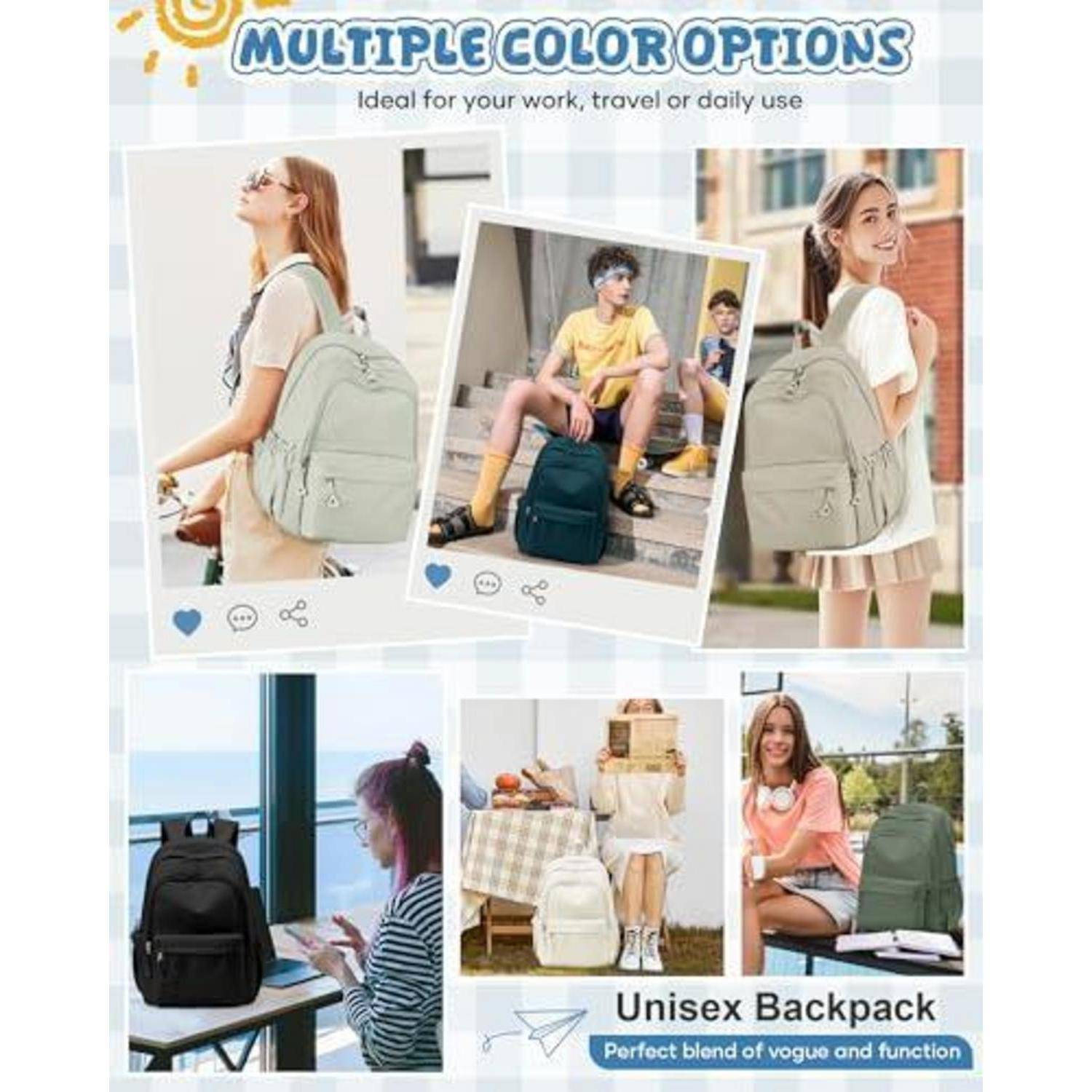 Werbekollage eines unisex Rucksacks in mehreren Farben, präsentiert auf verschiedenen Personen in alltäglichen Situationen, mit dem Text „MEHRERE FARBOPTIONEN" und „Ideal für Arbeit, Reisen oder tägliche Nutzung"".