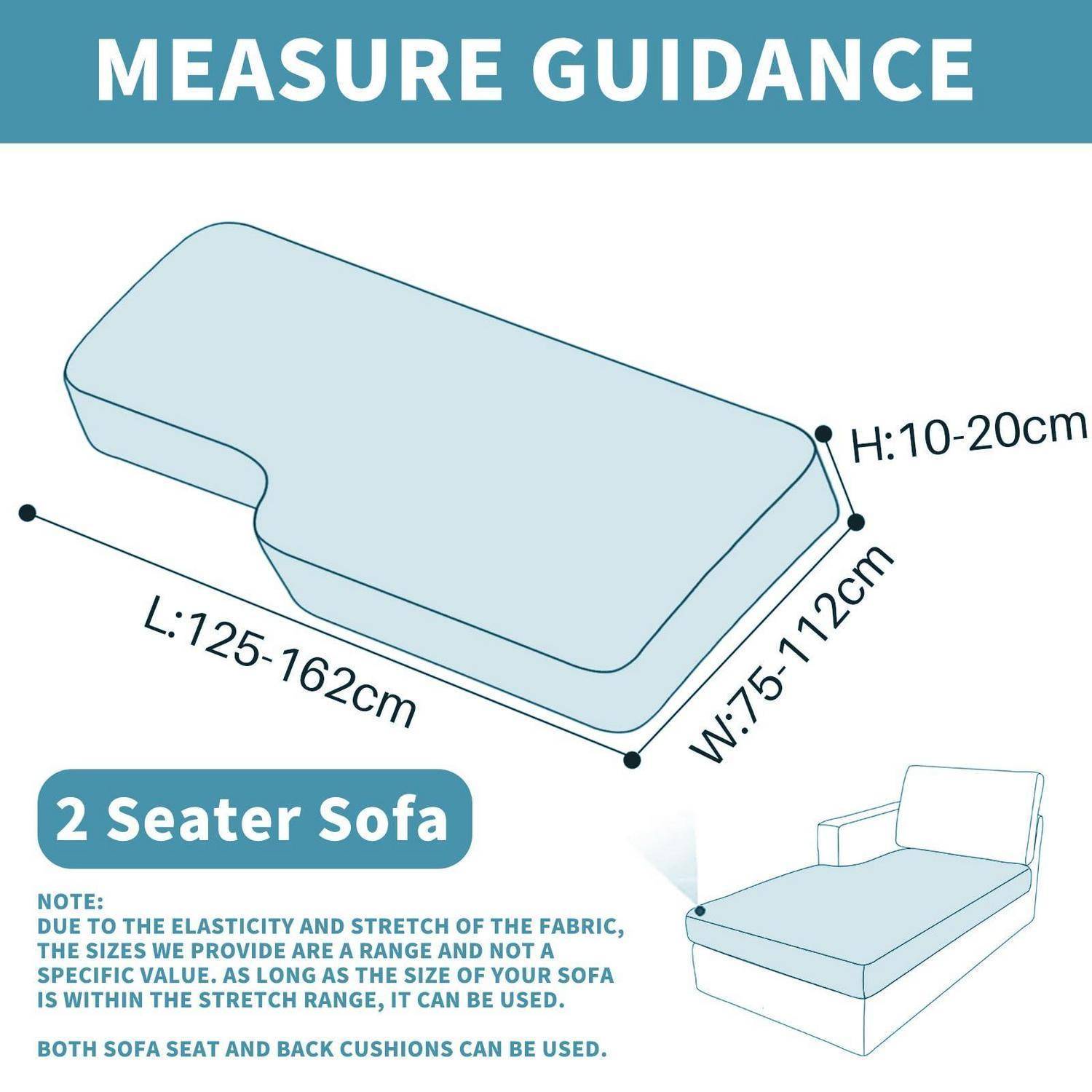 Diagramm mit Messvorgaben für einen Sofabezug für ein 2-Sitzer-Sofa: L 125-162 cm, B 75-112 cm, H 10-20 cm, mit dem Hinweis, dass die elastische Dehnung Größen im angegebenen Bereich ermöglicht.