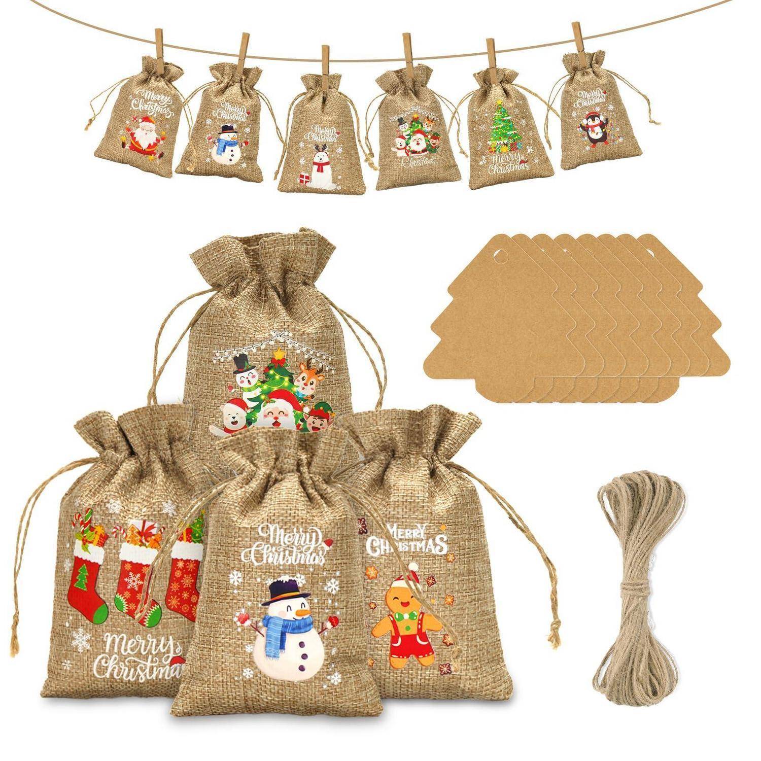 Weihnachtliche Jutegeschenktüten mit festlichen Schneemännern und „Merry Christmas