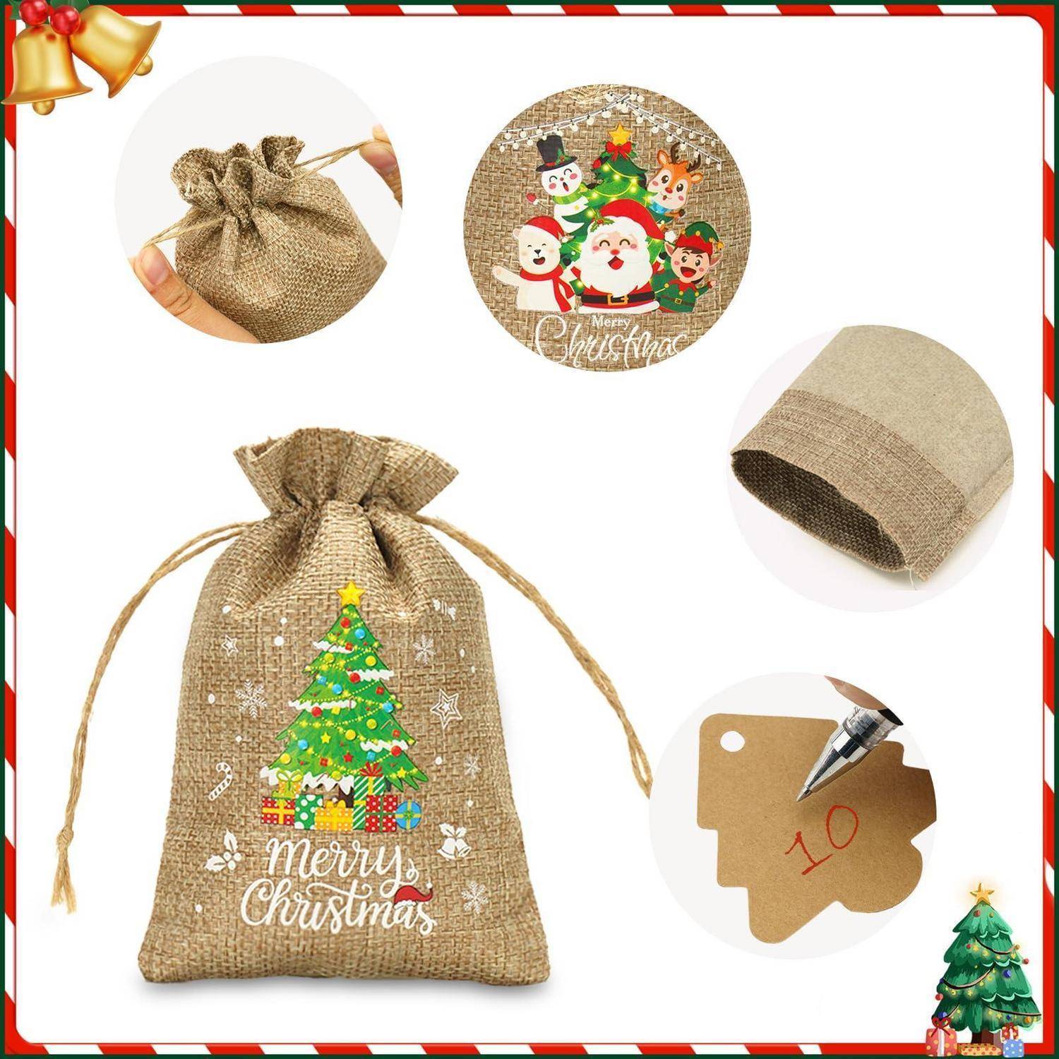 Weihnachts-Jutebeutel mit Zugband, bedruckt mit Baum und 