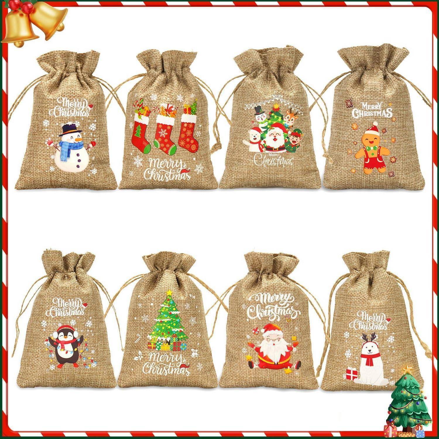 Acht Jutegewebe-Weihnachtsgeschenktüten mit Kordelzug, jede mit festlichen 