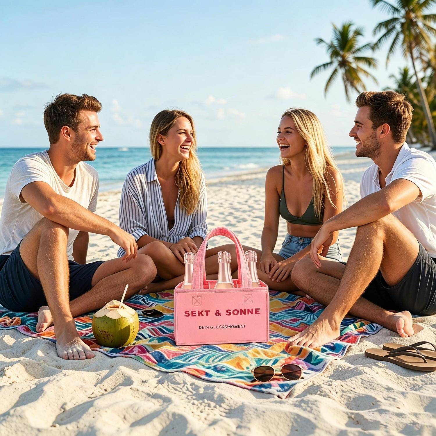 Vier Freunde sitzen plaudernd auf einer Strandpicknickdecke mit einer rosa Tasche mit der Aufschrift „SEKT & SONNE