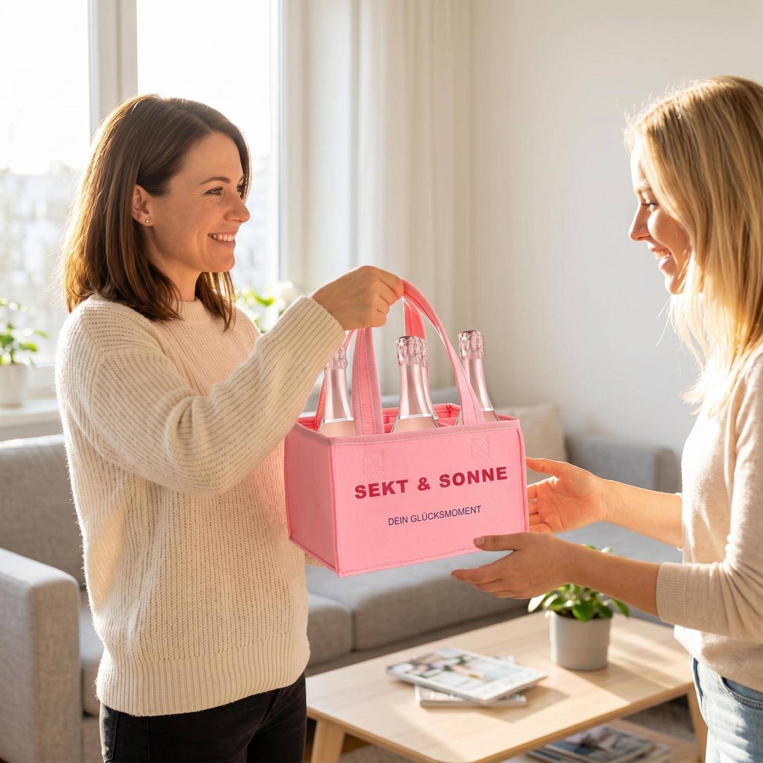 Zwei Frauen lächeln, während die eine der anderen eine rosa Geschenkbox mit Schaumwein mit der Aufschrift „SEKT & SONNE