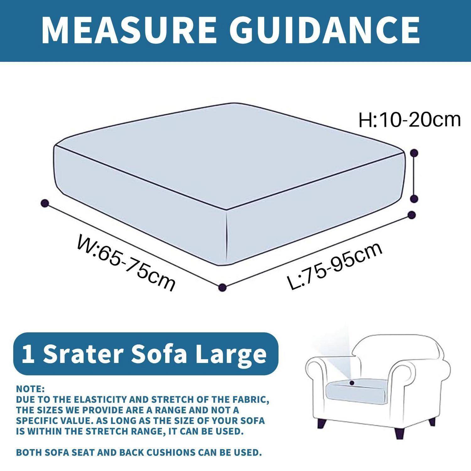 Messleitfaden für einen „1-Sitzer-Sofa-Überzug Groß": Breite 65–75 cm, Länge 75–95 cm, Höhe 10–20 cm, mit dem Hinweis, dass dehnbarer Stoff einen Größenbereich ermöglicht.