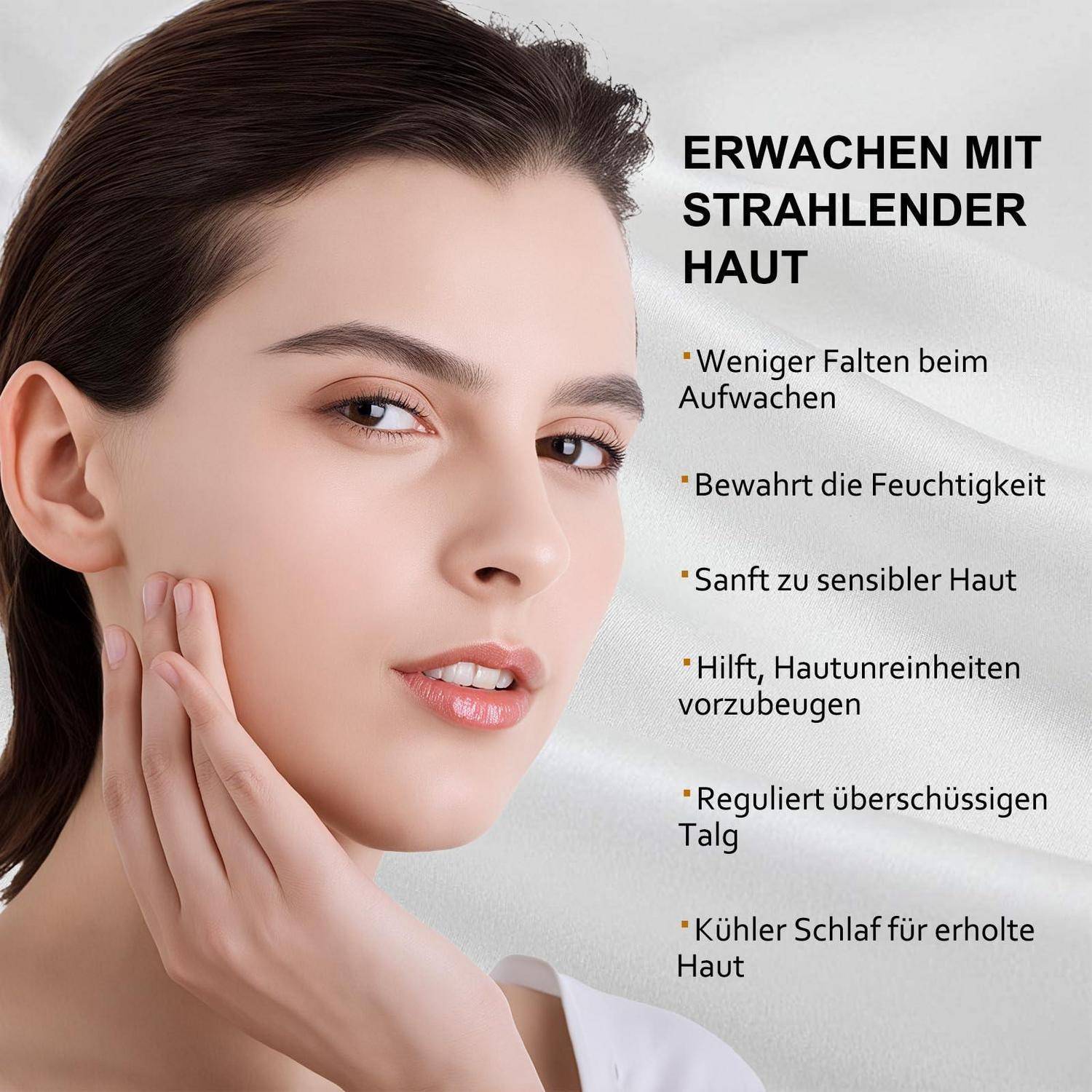 Schönheitsanzeige mit einer Frau, die ihre Wange berührt, neben deutschem Text: „Wachen Sie mit strahlender Haut auf", mit aufgelisteten Vorteilen wie weniger Falten und Feuchtigkeitserhaltung.