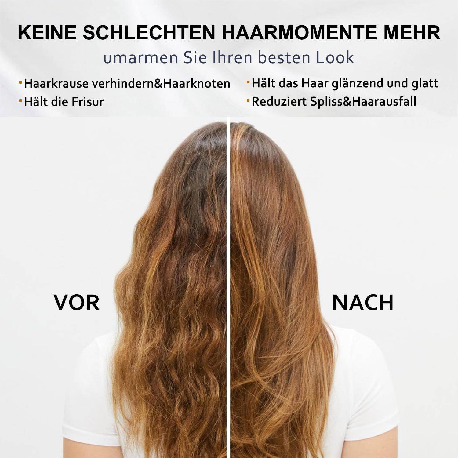 Vorher-und-Nachher-Vergleich von Haaren, der struppiges, verwirrtes Haar versus glattes, glänzendes Haar zeigt; deutscher Text sagt "keine schlechten Haartage"" und bewirbt besseren Halt, Glanz und weniger Haarbruch.