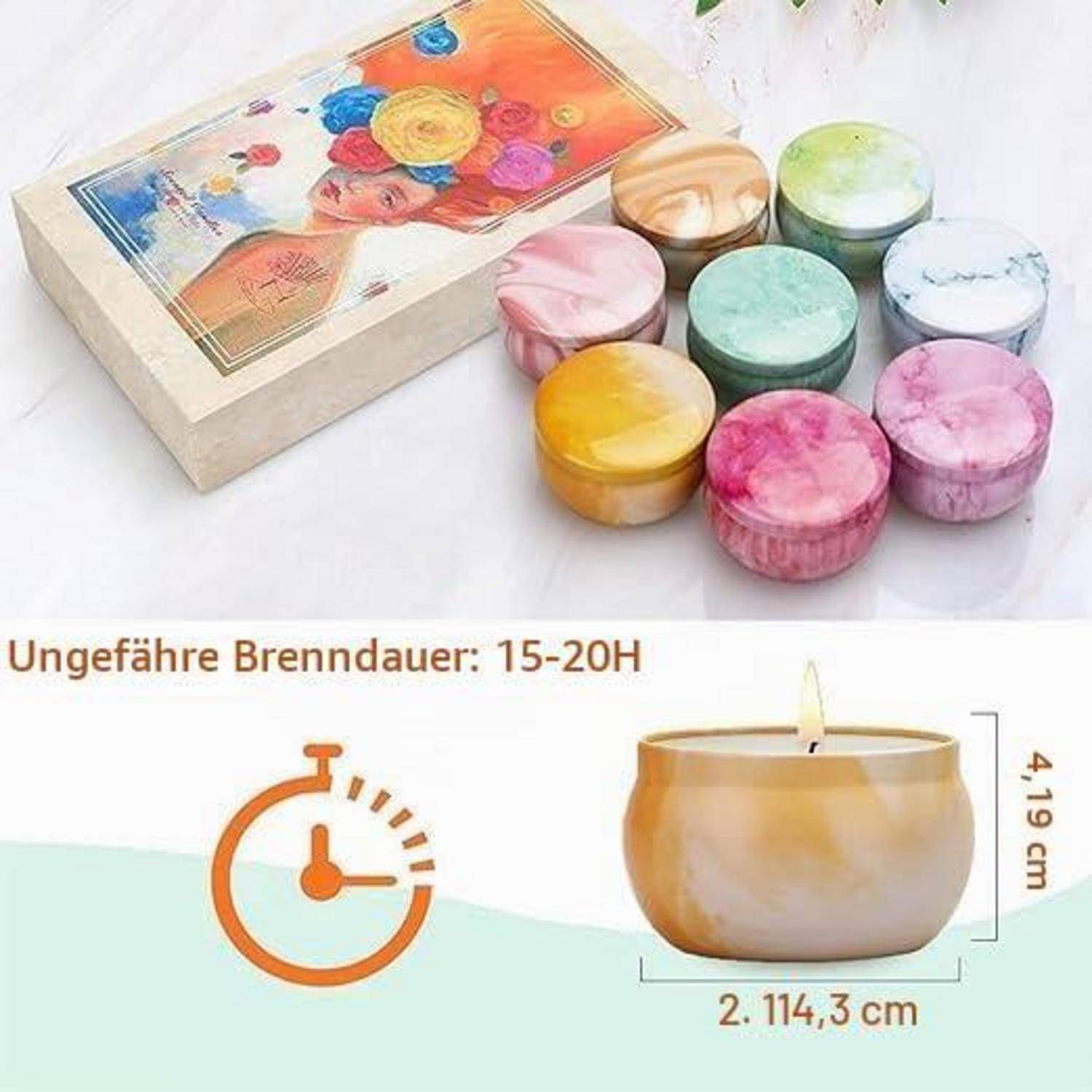 Bild eines Duftkerzen-Sets mit bunten runden Kerzen und einer Schachtel, plus eine Grafik, die die ungefähre Brenndauer 15–20 Stunden und die Kerzengröße 4,19 cm hoch, 11,43 cm breit zeigt.