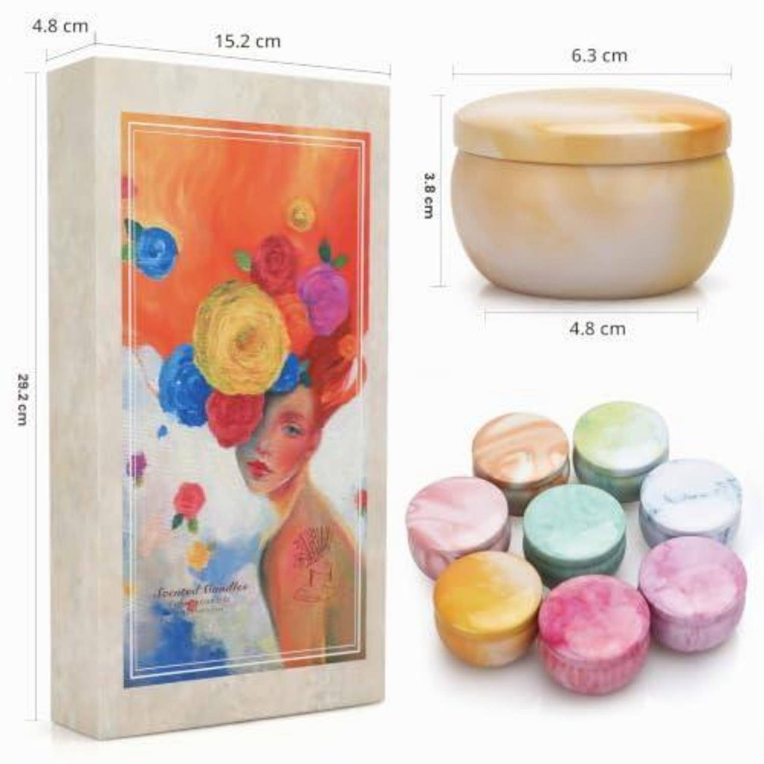 Produktbild einer rechteckigen Geschenkbox und eines runden Glases mit beschrifteten Abmessungen und mehreren farbigen Balsam- oder Cremebehältern, die darunter abgebildet sind.