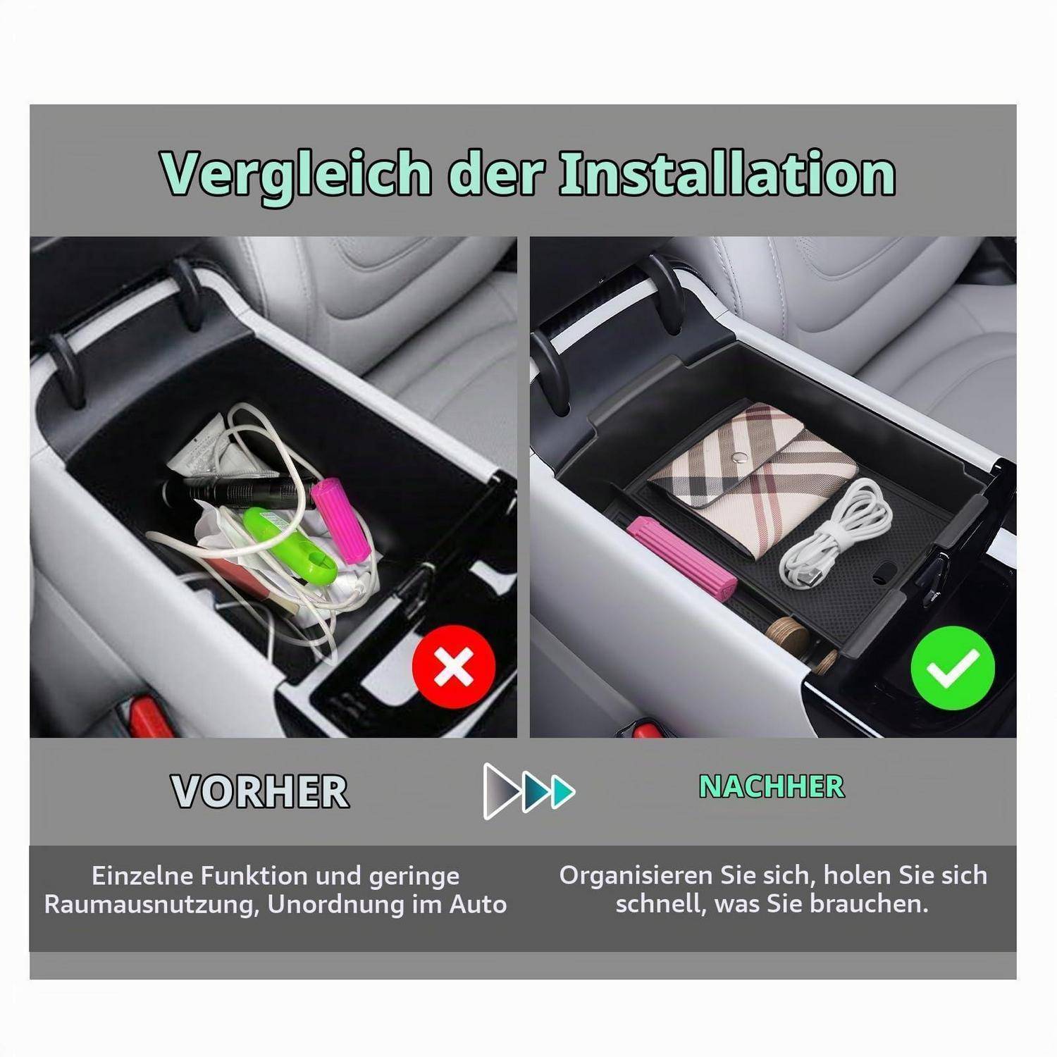 Autorganizer für die Mittelkonsole – Vorher- und Nachher-Vergleich: unordentliche Mittelkonsole mit der Bezeichnung „VORHER