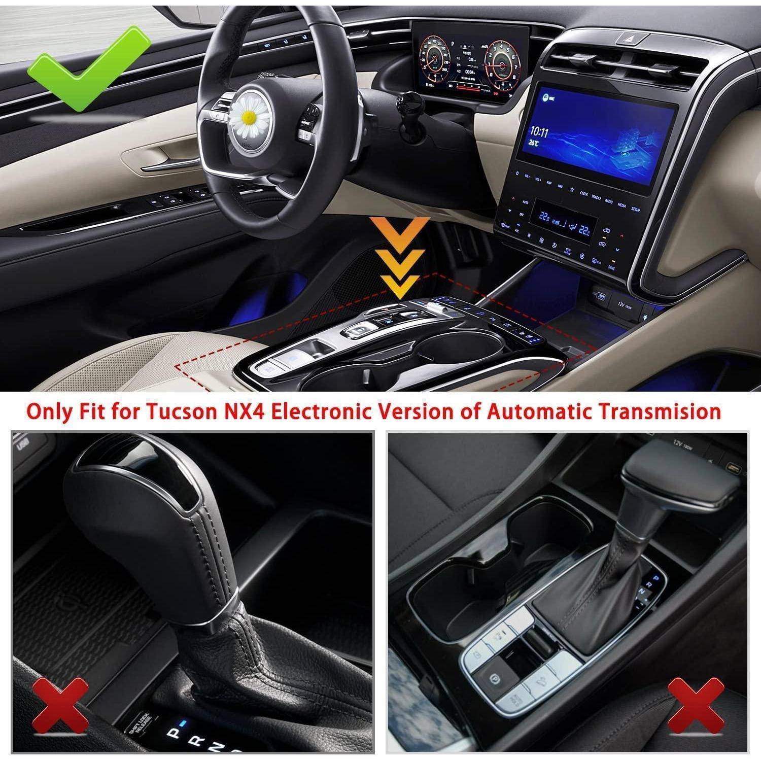 Zubehör für die Mittenkonsole des Tucson NX4 mit Automatikgetriebe, mit grünem Häkchen für kompatible Einrichtung und roten Kreuzen für inkompatible Schalthebel.