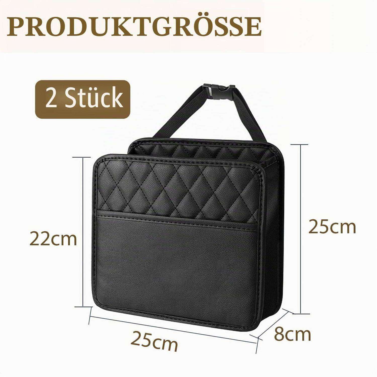 Produktgrößen-Grafik zeigt zweiteilige schwarze gesteppte Tasche, Abmessungen 25 cm breit, 25 cm hoch, 8 cm tief, mit 22 cm Vorderseiten-Paneelhöhe.